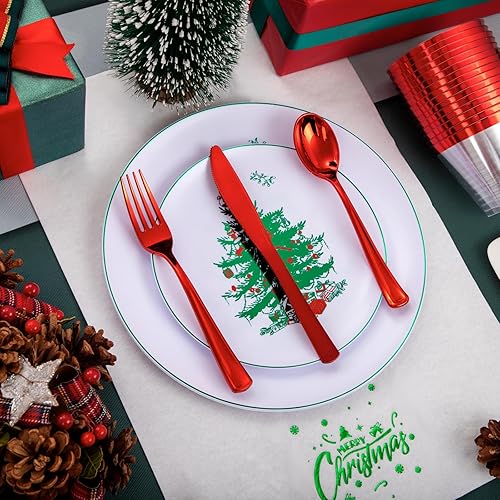 Miniatura 4 de WELLIFE 175 platos y servilletas de Navidad, vajilla desechable de Navidad incluye 25 platos llanos, 25 platos de ensalada, 25 cuchillos, 25