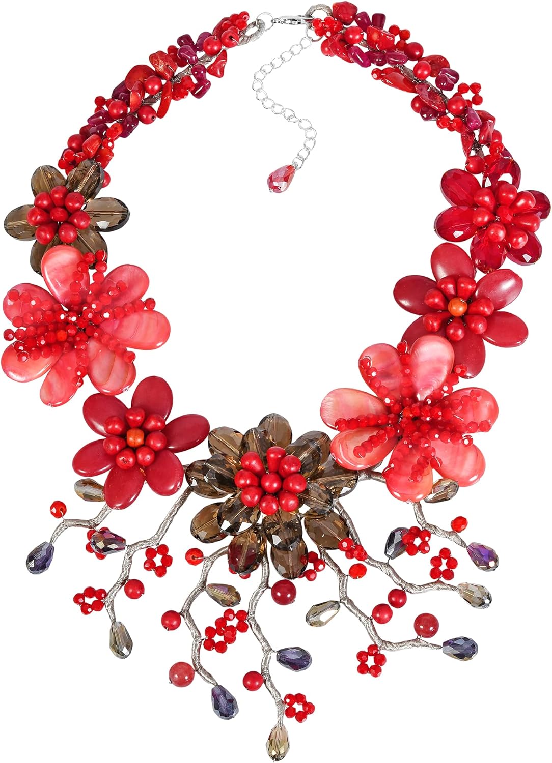 AeraVida Gorgeous Red Flower Garden Mixed Seashell and Reconstructed Red Coral Statement Necklace | Handmade Flower Collar Necklace | Boho Jewelry | Gift for HER