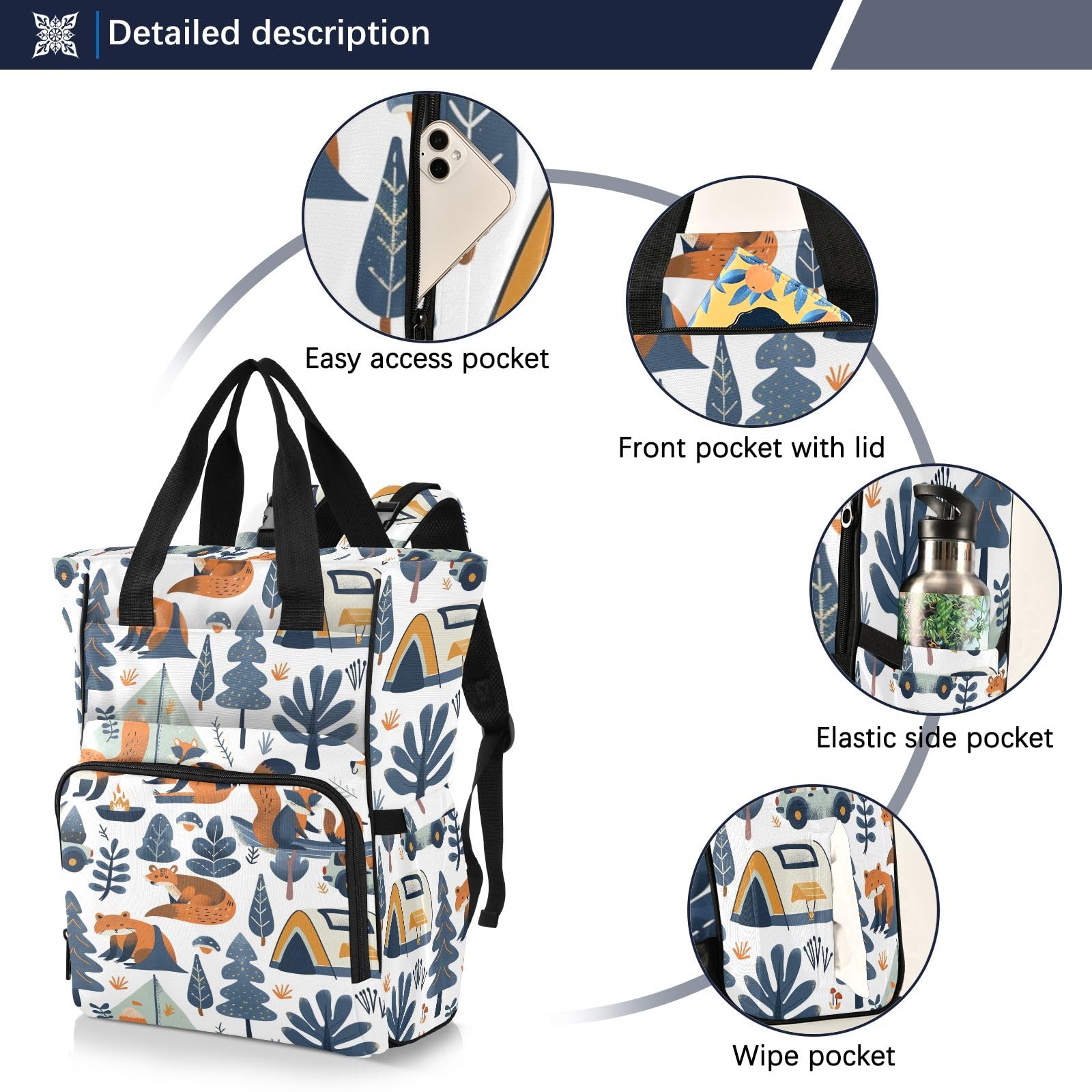 Mnsruu Borsa per pannolini per bambini con albero di volpe e fiori di grandi dimensioni, impermeabile, da viaggio, per mamme e papà
