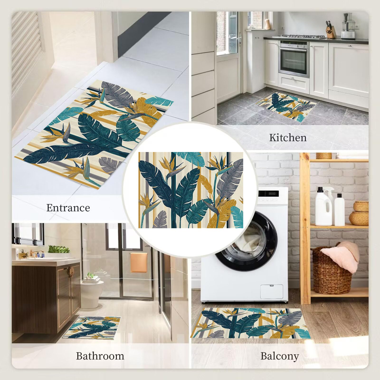 Zerbino Ingresso Interno Piante Subtropicali Boeme, Zerbino Di Benvenuto Lavabile Morbida Strisce Foglie Di Palma, Antiscivolo Tappeto Da Decorazioni Beige Per Casa Porta, 60X90Cm