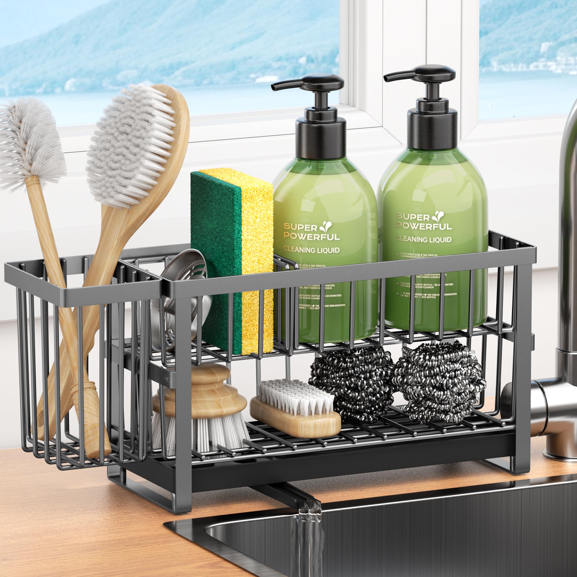 Sponge Holder for Kitchen Sink 2 Tier Sink Caddy Organizer Countertop with Dish Brush Holder and 360 Drain
