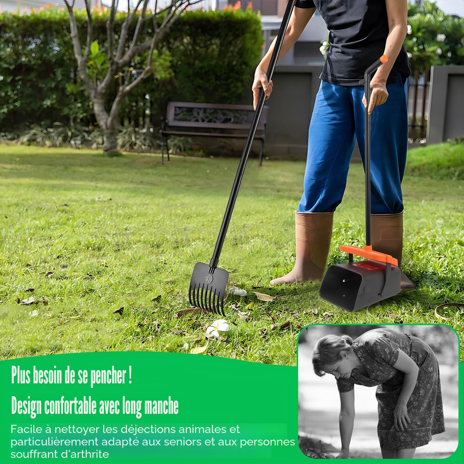 Ramasse Crotte pour Chien, Long Manche Pince Ramasse Crotte Chien Set, Pelle Crotte Pivotante avec Sacs à DéChets Outile de Nettoyage pour la Cour, Promenades, l'herbe, Feuilles de Jardin