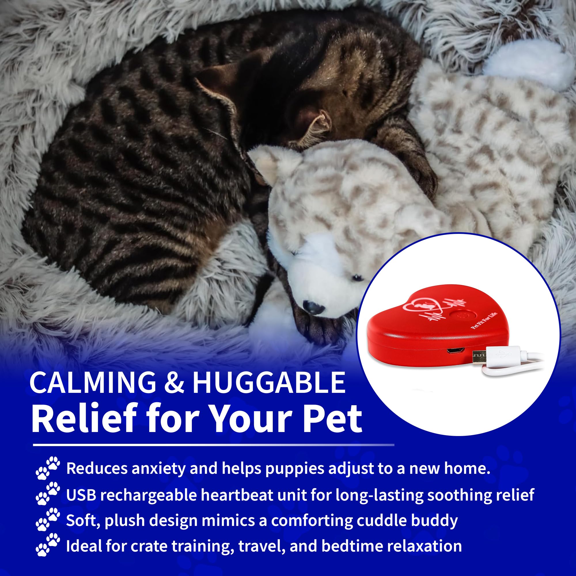 Pet Fit For Life Animal de Peluche para Gatos, Ayuda calmante para Dormir con Latido cardíaco Recargable por USB y Paquete de Calor para aliviar la ansiedad, Chupete de Gatito abrazable, Juguete de