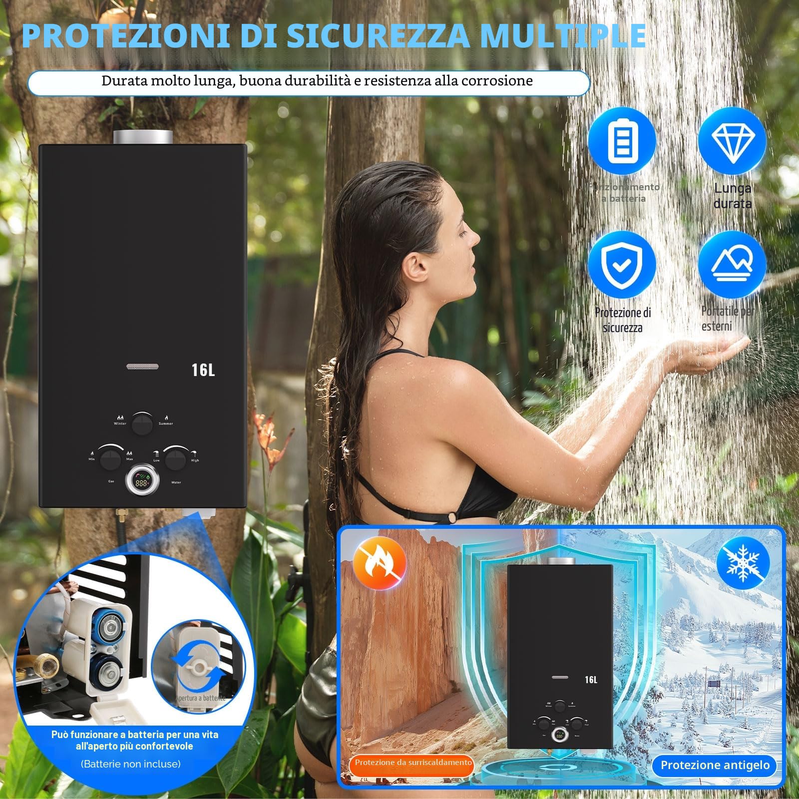 Scaldabagno a Gas 16L, All'aperto Portatile Scaldabagno Istantaneo a Propano con Display Digitale Multi-Protezione, Parete senza Serbatoio Scaldacqua Istantaneo Automatico, classe energetica A+