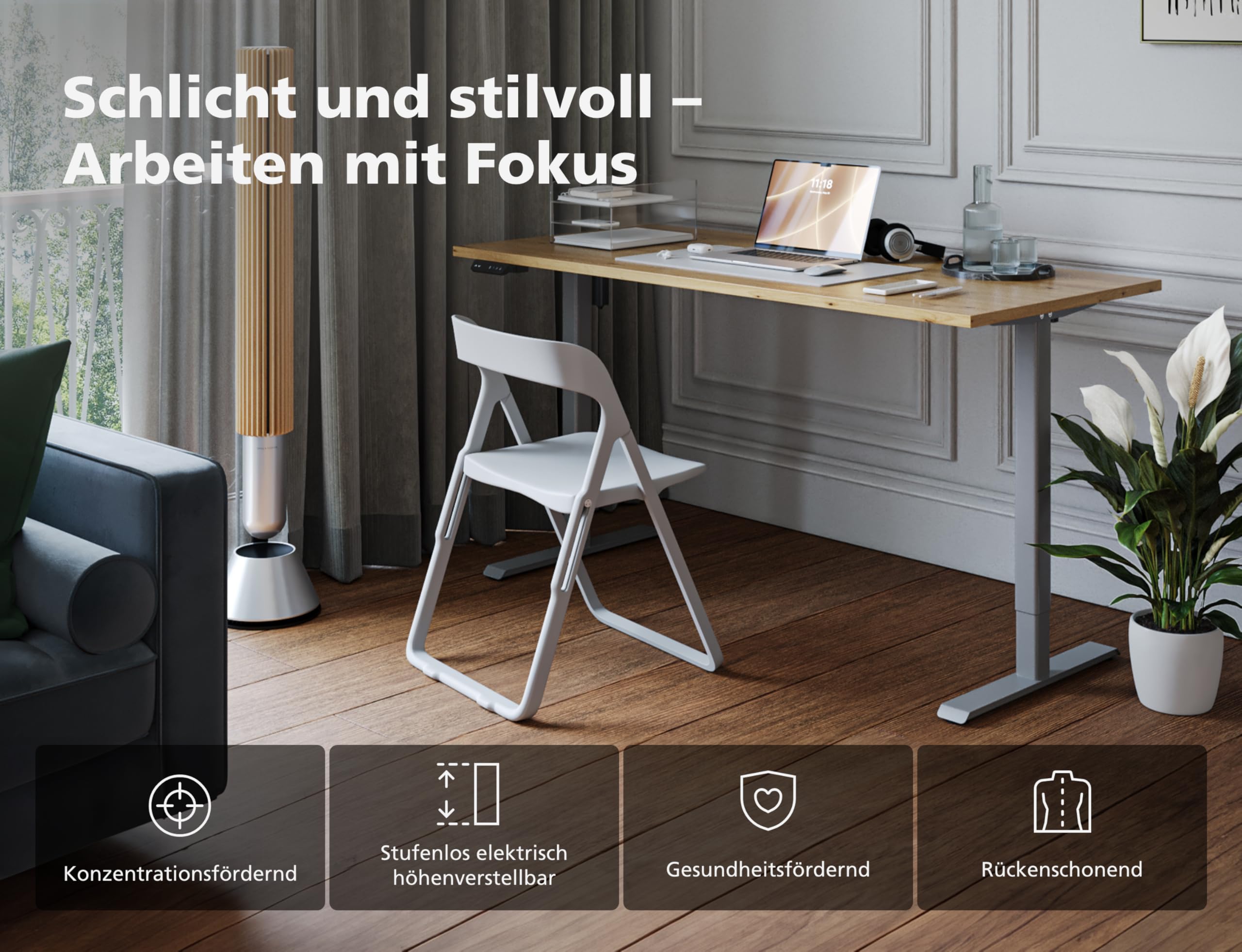 KRIEG HighDesk SMART Home Elektrisch Höhenverstellbarer Schreibtisch 160 x 70 cm I Weiß + Eiche – Ergonomischer Steh-Sitz-Tisch mit Memory-Funktion & USB-A/C Charging – Leiser Motor, Kollisionsschutz