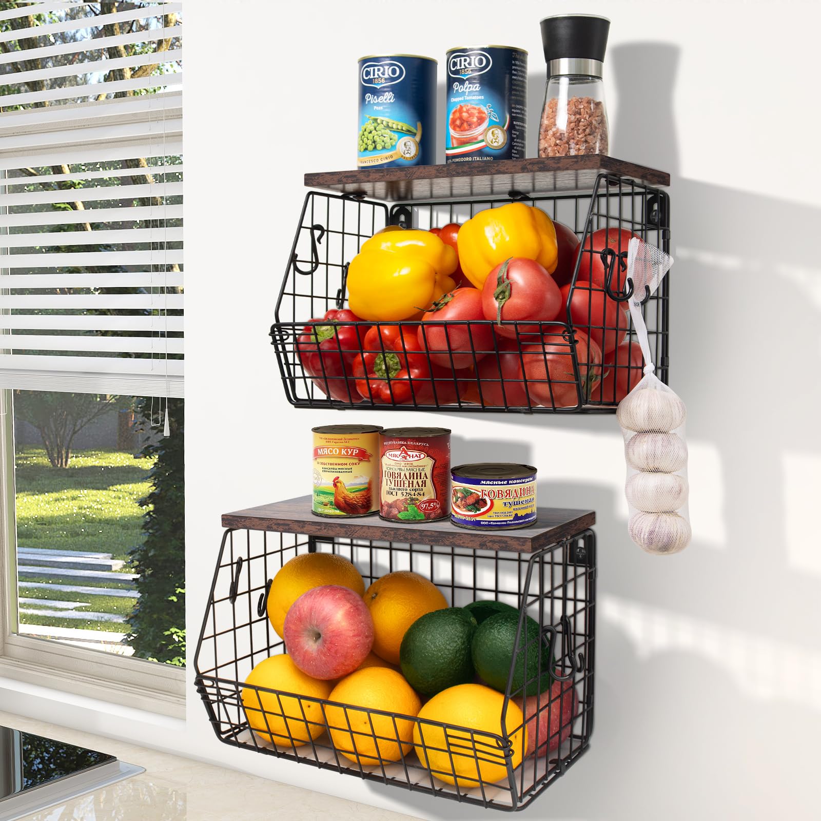 Fruit Bowl, Stackable Wall Mounted Fruit Basket of Smooth Wood Lid with 4 Banana Hanger Hooks, Metal Kitchen Counter Organizer for Snack, Fruit and Vegetable Storage, 11.8 * 7.9 * 8.5 Inches