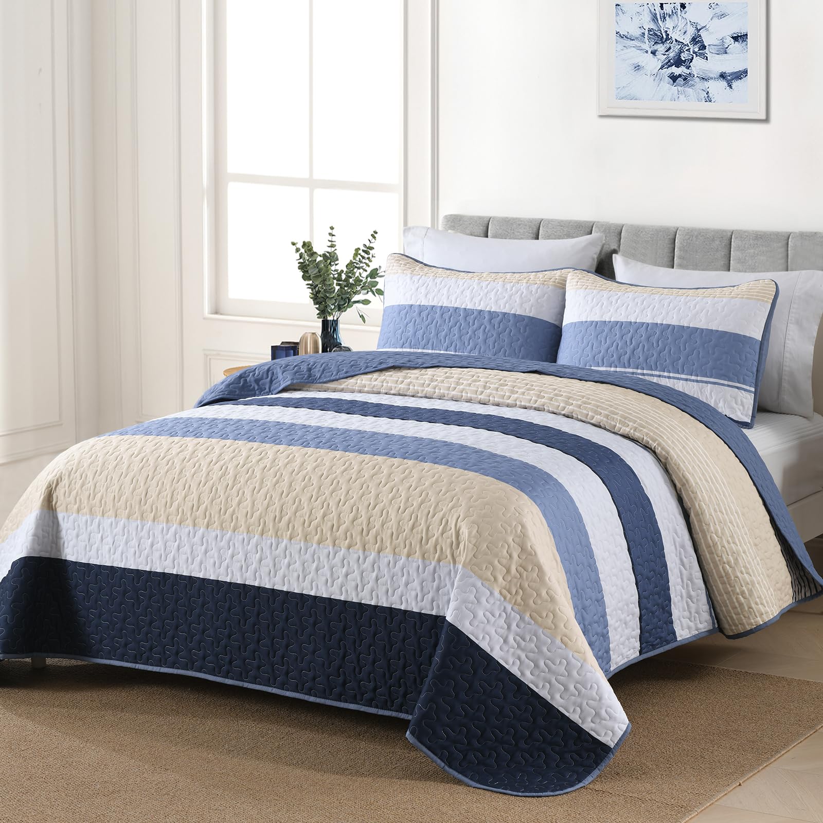 WONGS BEDDING Colcha de 240 x 260 cm, color azul, a rayas, 3 piezas, para cama de matrimonio, microfibra, con 2 fundas de almohada de 50 x 75 cm, para dormitorio o sofá