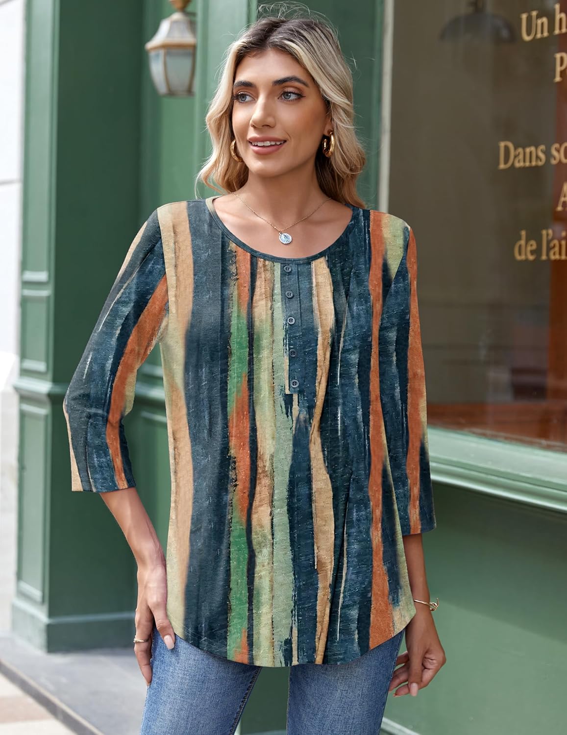 Zeagoo 3/4 Length Sleeve Womens Tops Round Neck Casual Summer Tunic Tops Basic Tees Blouses Dressy T-Shirts Pleated Shirts - Image 2