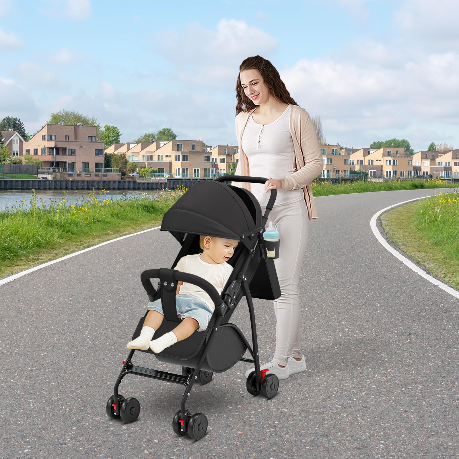OHMG Poussette Canne,Poussette Canne Compacte 0-36kg,Poussette de Voyage avec Cotons et Moustiquaire,Panier D'achat avec Fonction Extensibler,Capote Extensible (C-Noir)