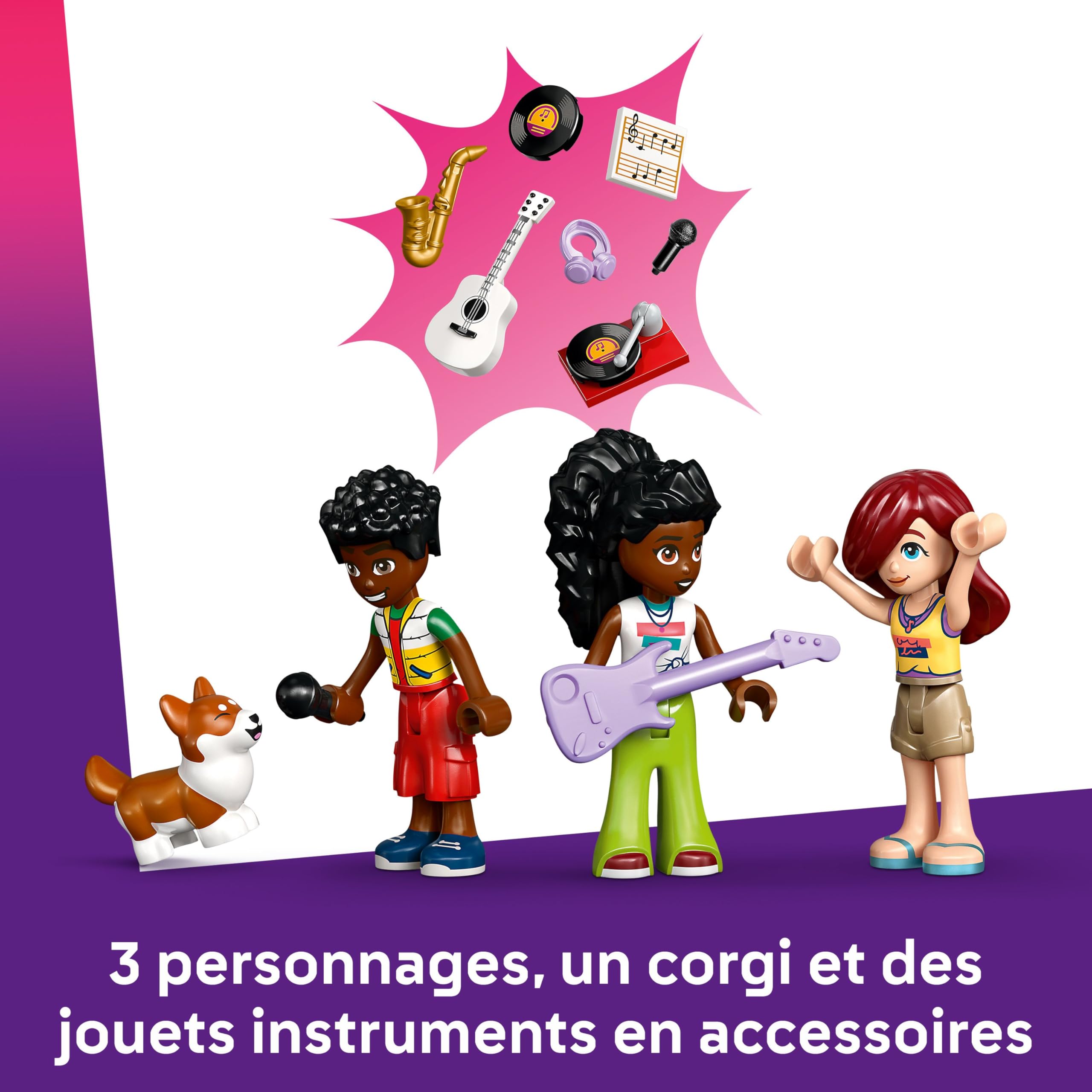 LEGO Friends Le Magasin de Musique et l’Appartement - Jouet Animal pour Fille dès 7 Ans - 3 Mini-Poupées, 1 Figurine de Corgi & Instruments de Musique : Piano, Batterie & Accessoires - Cadeau 42653