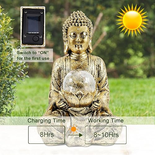 Miniatura 5 de Nacome Estatua de Buda meditadora con luz solar Buda solar Zen con escultura de bola de vidrio agrietado decoración de interiores y exteriores para