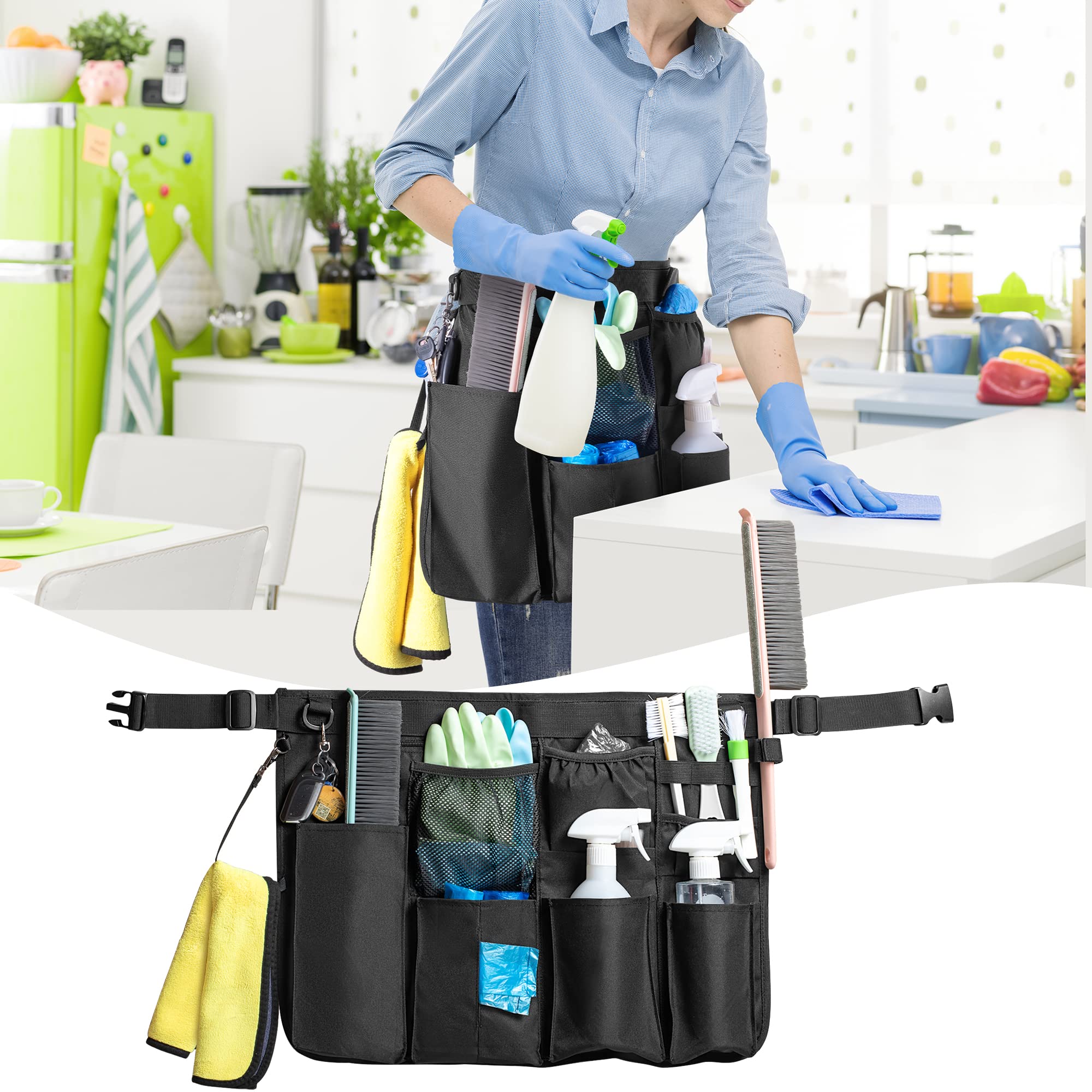 LoDrid Tablier de nettoyage pour le ménage avec 9 poches, sac de nettoyage professionnel avec ceinture réglable, résistant à l'eau, tablier pour le travail, noir
