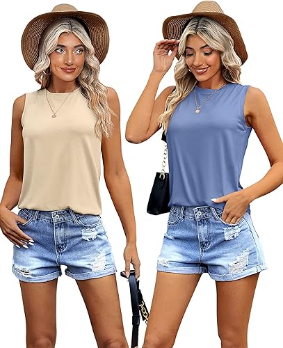 Vista 2 de Cunno Paquete de 2 camisetas sin mangas para mujer, camisetas casuales de ajuste holgado, color sólido, cuello redondo, camisetas de verano