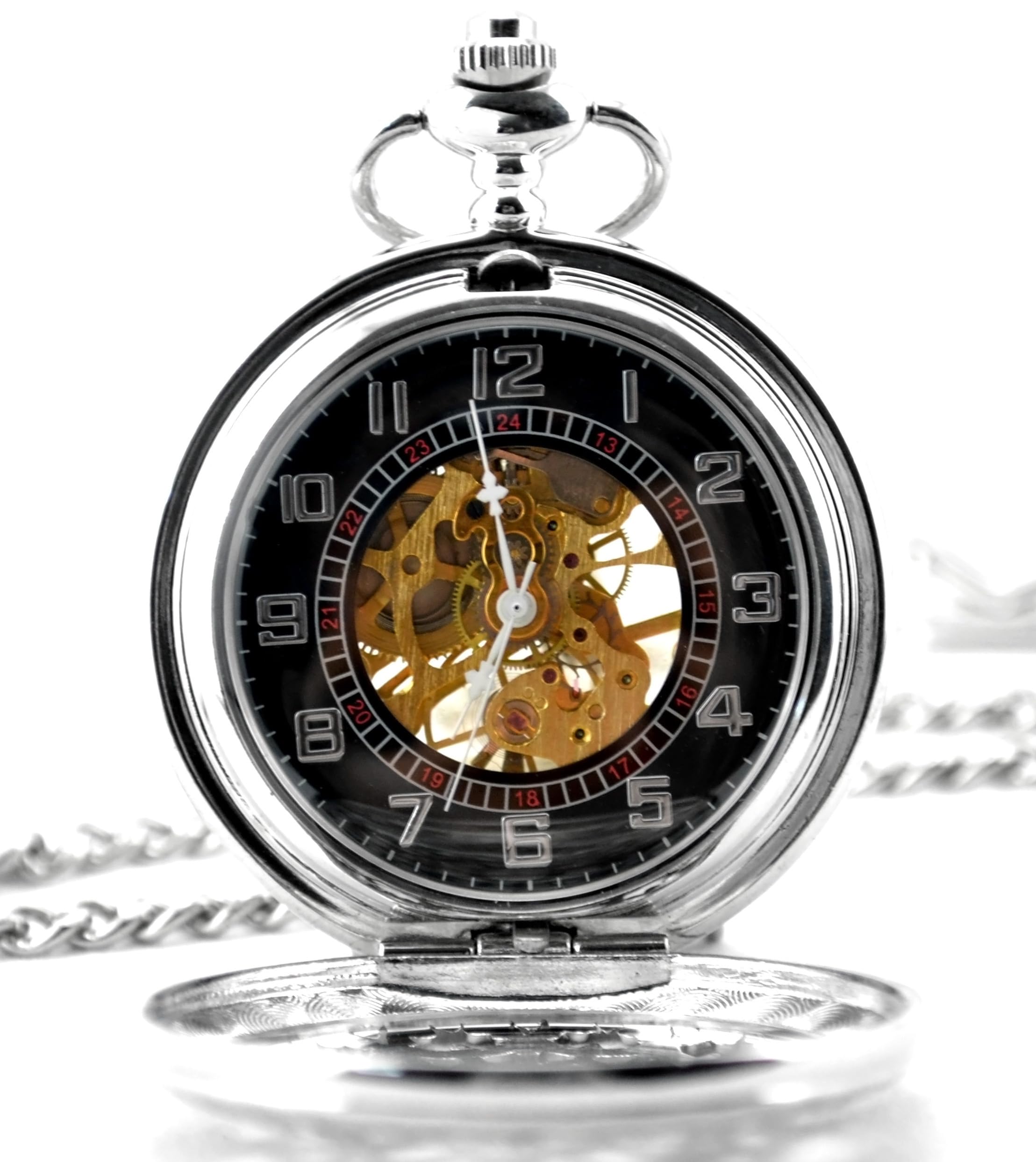 Double Affichage de l'Heure Squelette Creux Acier Main-Vent Montre de Poche Mécanique Argent