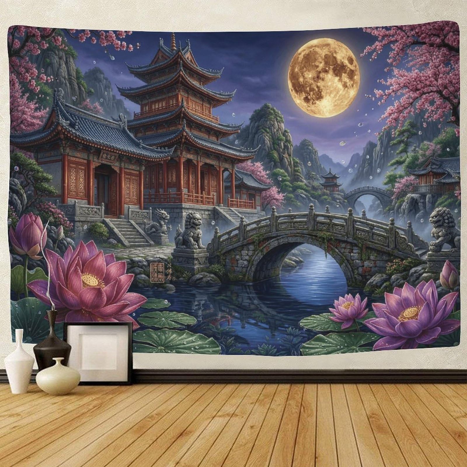 GPMNBCXZK Japanese Pagoda 3D Printed Wall Hanging Moonlit Landscape Decor for Living Room Bedroom Dorm 100cmx150cm