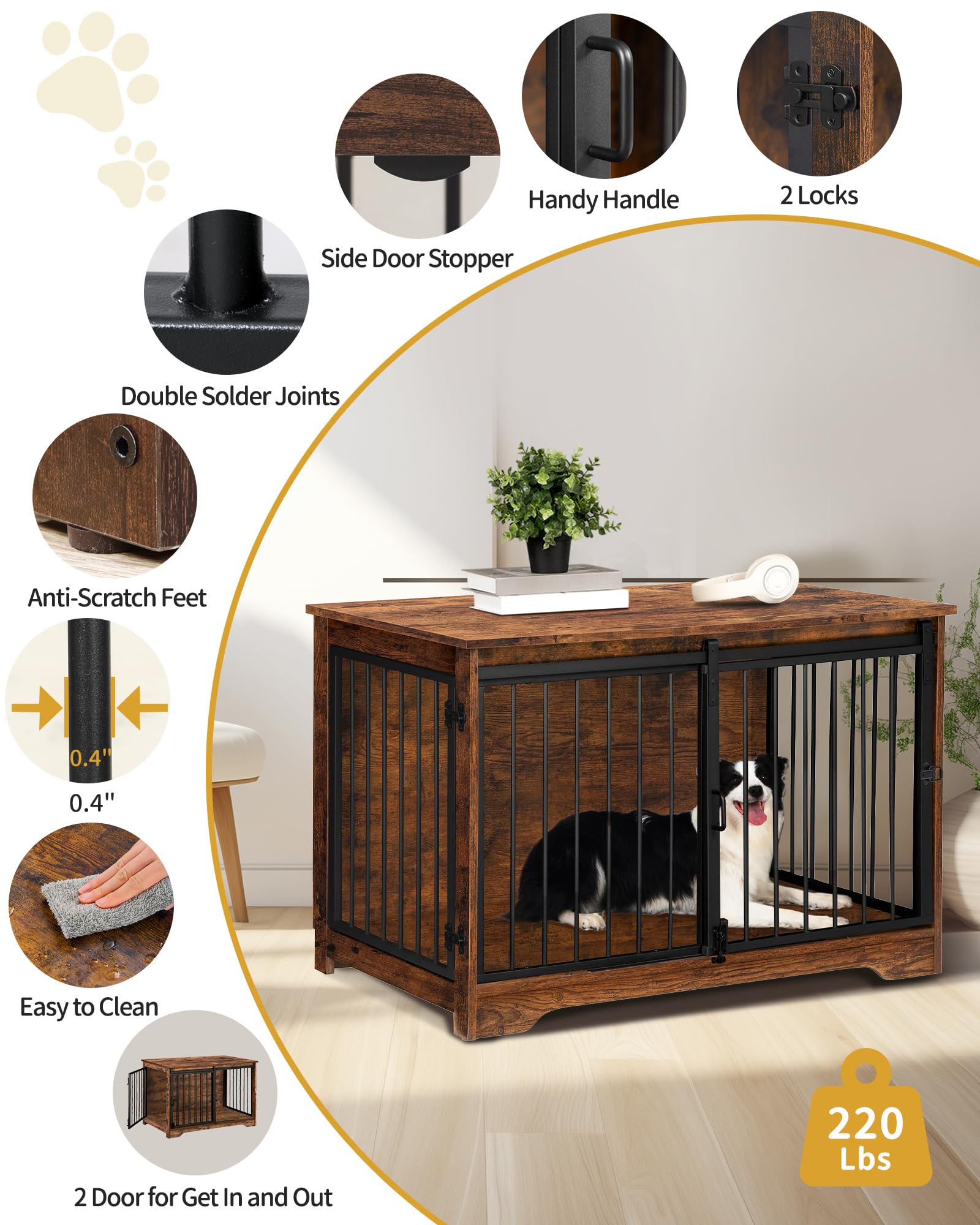 Hzuaneri Hundekäfig Möbel, 100cm hundebox für zuhause, Schiebetüren, 2 Tür, Moderne hundebox Holz Indoor für kleine/mittlere/große Hunde, Hundekäfig für Zuhause, 100 x 60 x 68 cm, Vintagebraun