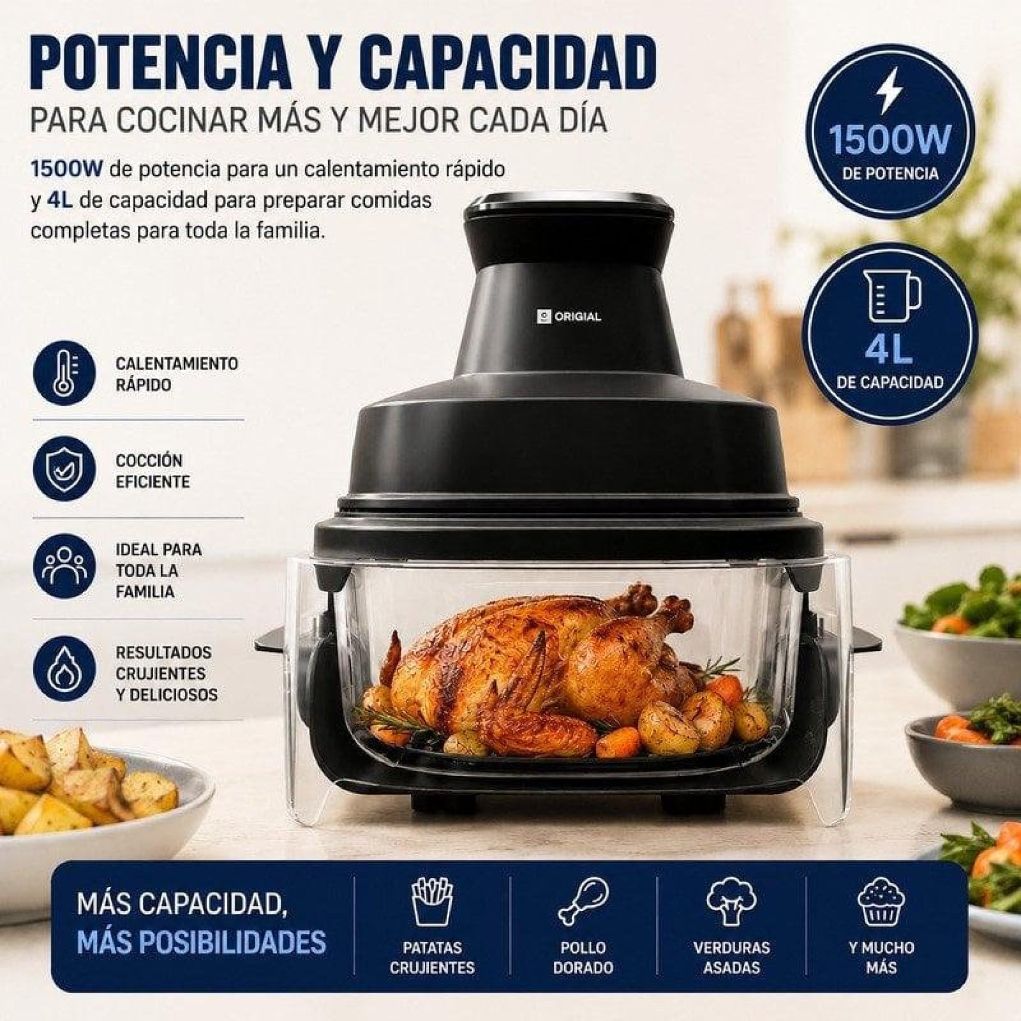 FryFit Glass Friggitrice ad aria in vetro, 4 l, 1500 W, friggitrice senza olio con contenitore in vetro, display digitale, 4 programmi, temperatura e tempo regolabili, nero