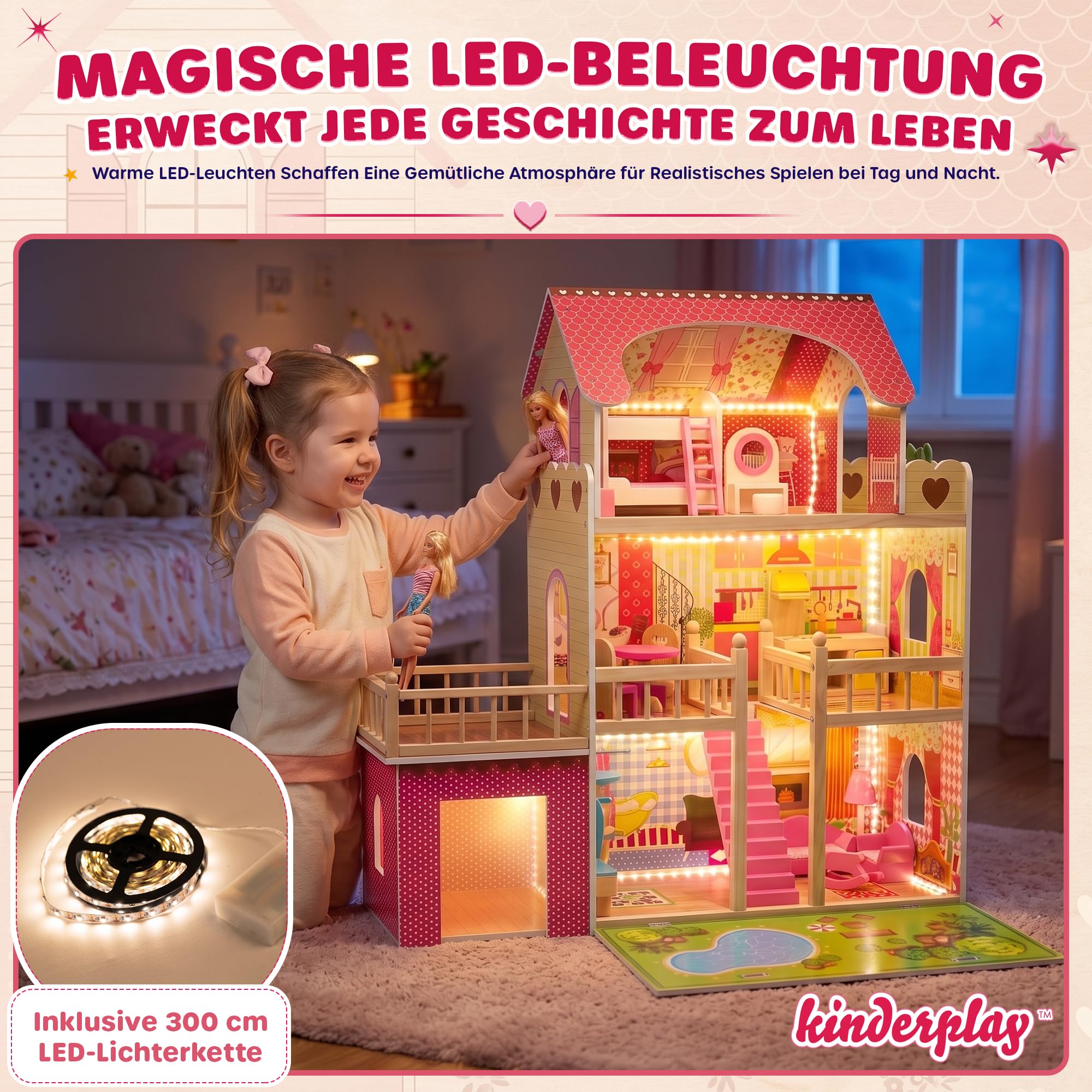 Kinderplay Puppenhaus aus Holz – Große 3‑Etagen‑Villa mit Garage & Garten – LED-Licht, 17 Möbel – Für Kinder ab 3 Jahren, Puppen bis 30 cm – 90 cm hoch