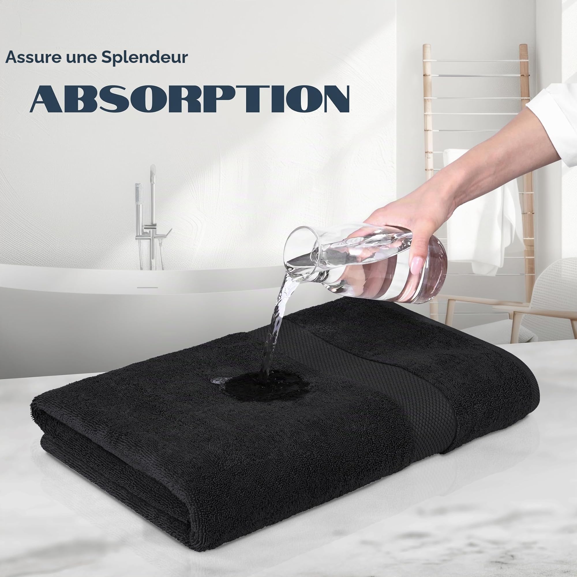 White Classic Lot de 2 Serviettes de Bain de Luxe Douces en Coton de 650 g/m² – Très absorbantes et à séchage Rapide – Collection hôtelière – Très Grandes Serviettes de Bain surdimensionnées – Noir
