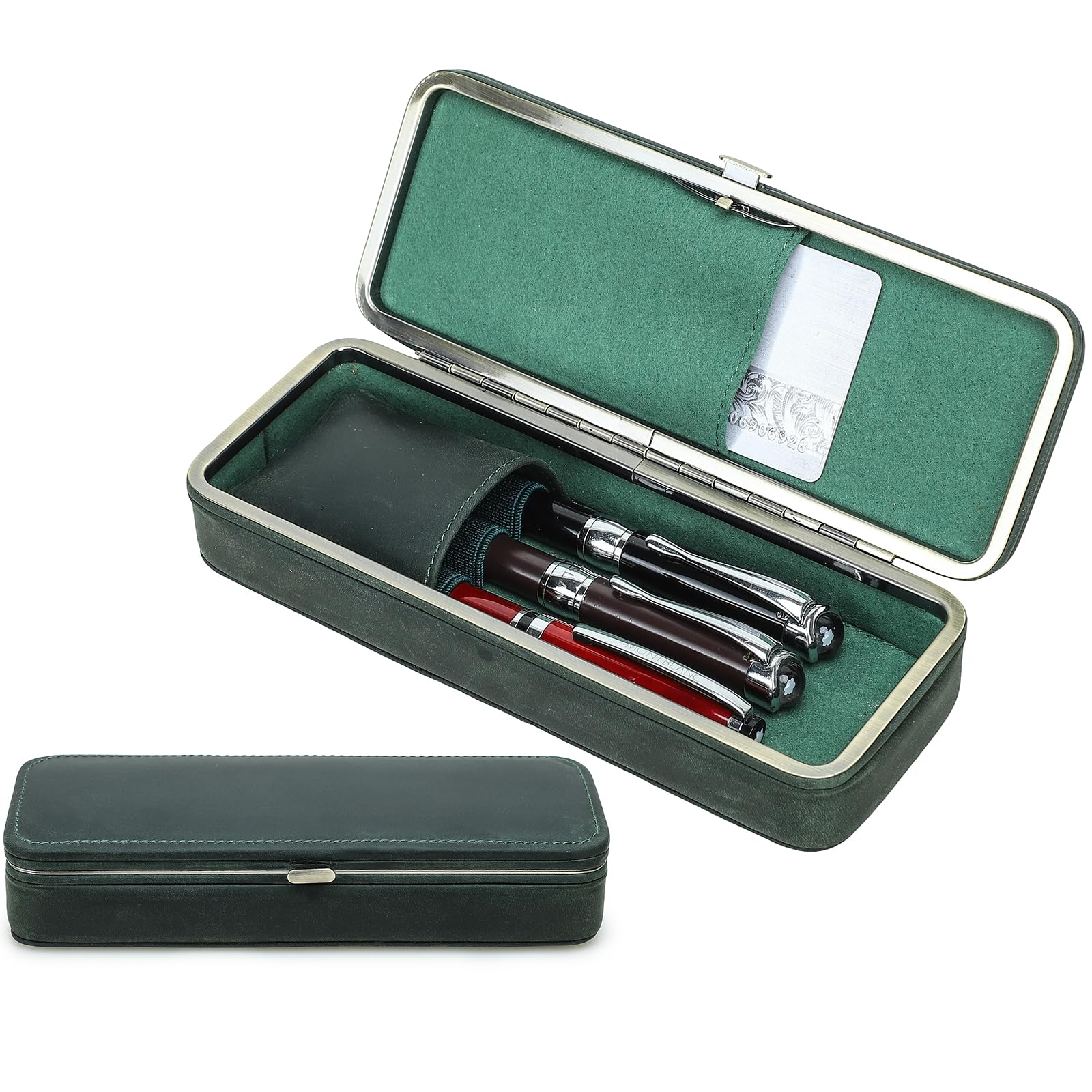 CONTACTS Leather Fountain Pens Case Box Handcrafted,Metal frame Closure Pencil Organizer Pockets Stationery Bag for Men/Woman Vintage Office 3 Pen Pouch with Card Slot