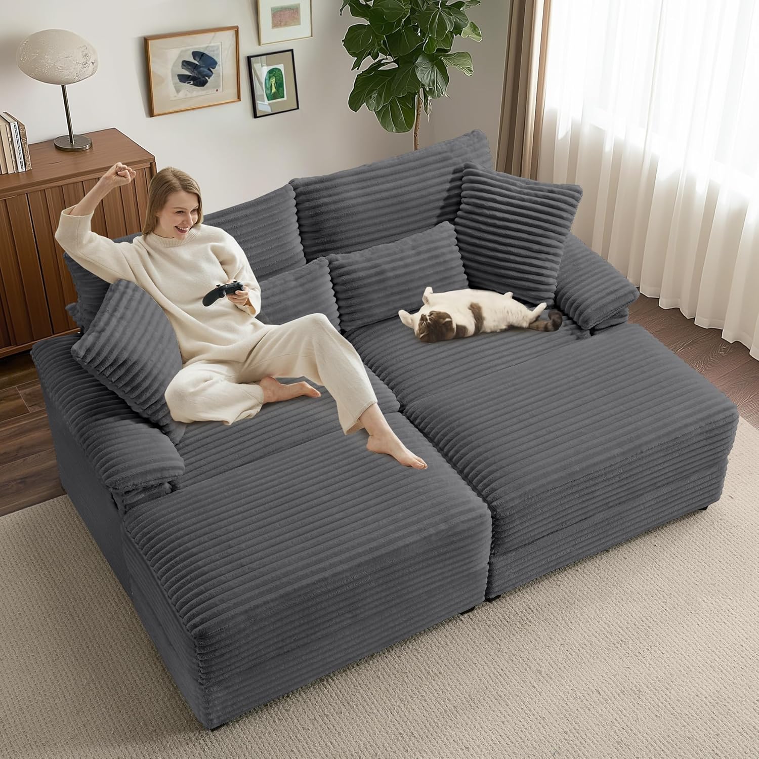 SUNWAVE 74" Double Chaise Lounge Chair Indoor, Oversized Loveseat with Storage Ottoman, Corduroy Couch with USB Charging, Removeable Ottoman, and Coffee Table Cushions for Living Room