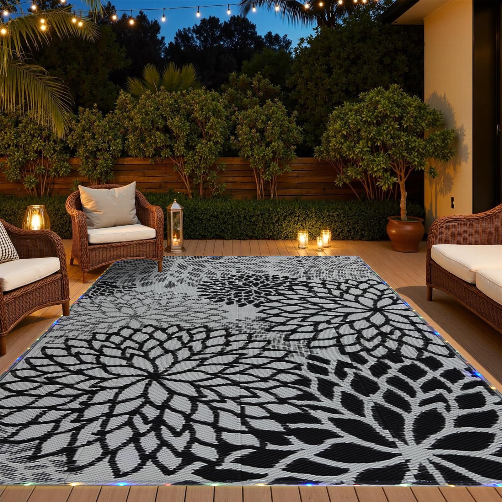 YONILE LED Strip Outdoor Patio Rug 270x360cm, Waterproof Non Slip UV Fade Resistant Modern Geometric Area Rug for Backyard Balcony Deck Poolside