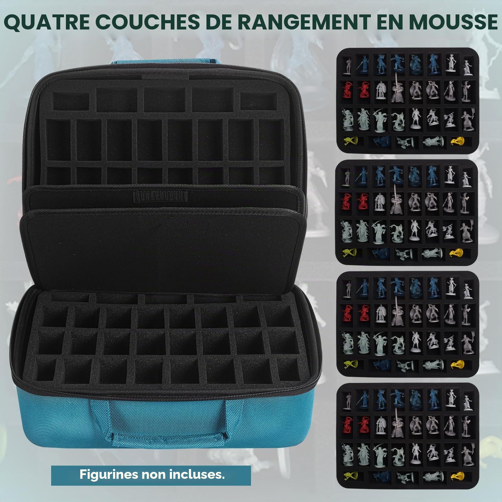 Trousseau miniature, 116 compartiments miniatures, avec 4 couches de mousse, pour figurines RPG, compatible avec Warhammer 40k et DND Minis, vert, 32 x 26 x 19 cm