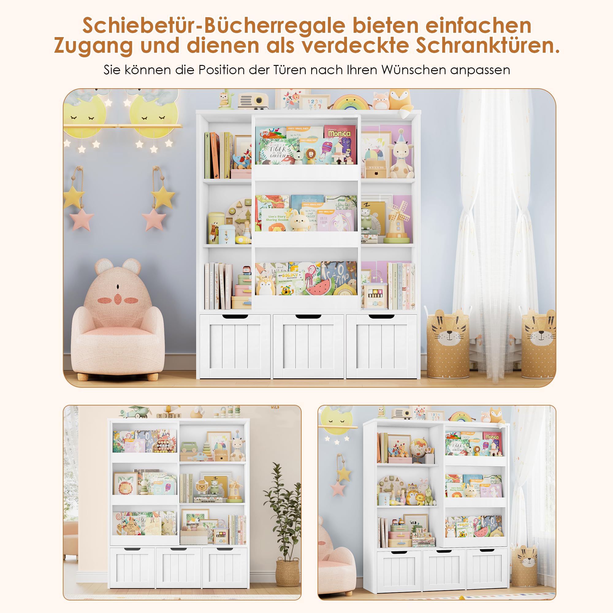 FOREHILL 120cm Kinderregal, Kinderzimmer Möbel mit Schiebtür & Bücherregal | Kinderregal für Spielzeug Aufbewahrung, Kinderschrank, Bücherregal Kinder für Kinderzimmer, Leseecke 120x37x100cm