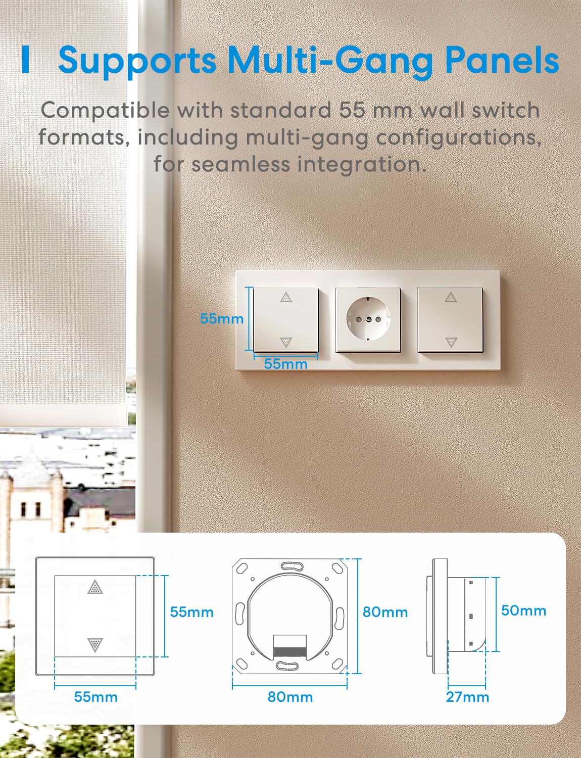 Meross Matter Smart Rolladenschalter WLAN 55x55mm, Smart Home Rolladensteuerung | Jalousieschalter, kompatibel mit Apple HomeKit, Alexa und Google Home(NEUTRALKABEL ERFORDERLICH)