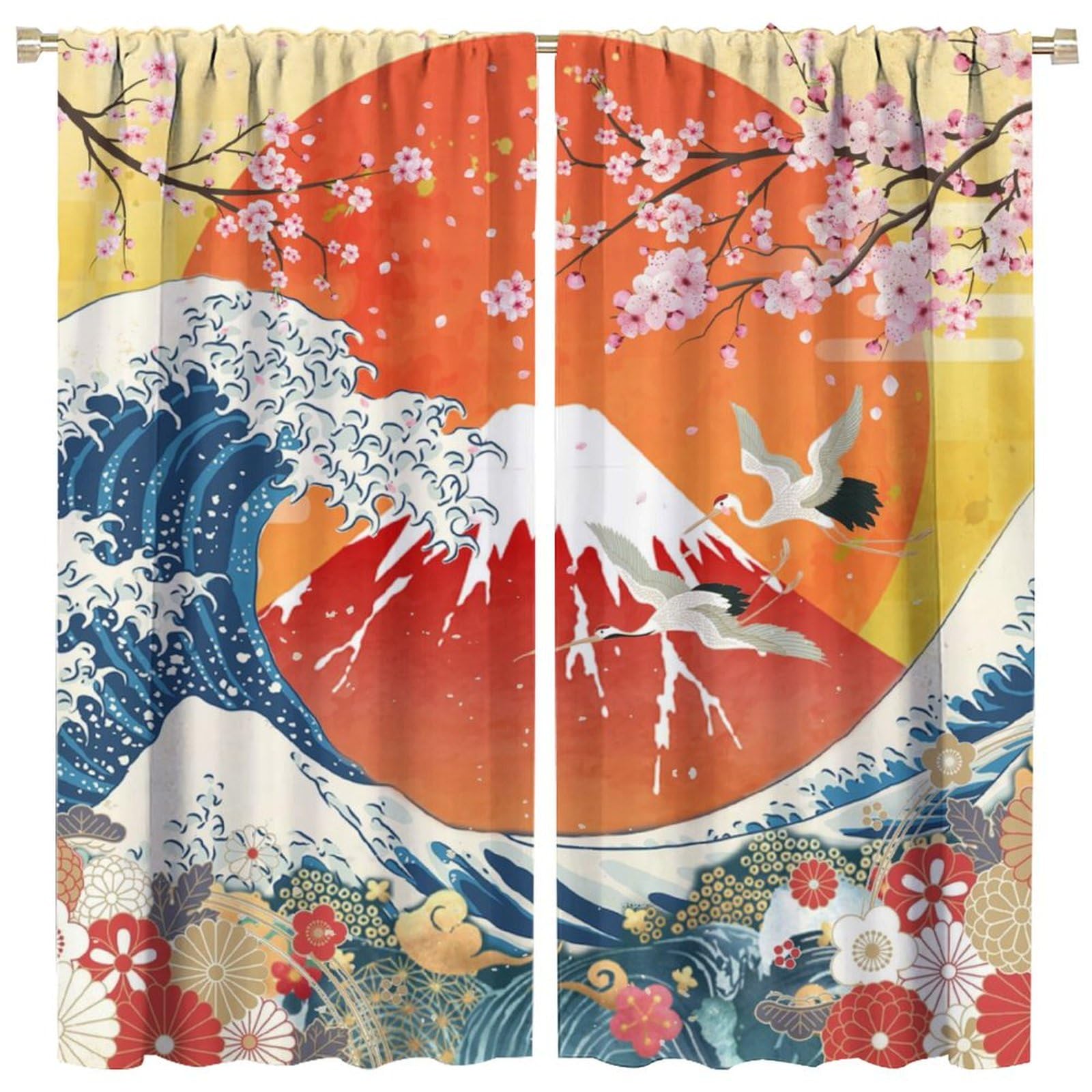 Lot de 2 rideaux occultants à l'aquarelle japonaise Mount Fuji - Motif fleurs de cerisier - Motif grue - Isolation thermique - Passe-tringle - Décoration de chambre à coucher Lot de 2 rideaux occultants à l'aquarelle japonaise Mount Fuji - Motif fleurs de cerisier - Motif grue - Isolation thermique - Passe-tringle - Décoration de chambre à coucher