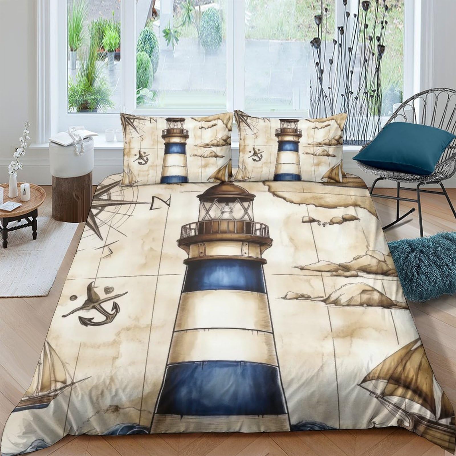Ctjqhvkz Style-6 3D Printed Nautical Lighthouse Fitted Sheet Microfiber Soft Breathable Ocean Map Bed Sheet For Bedroom Guest Room Decor Single（135X200cm）