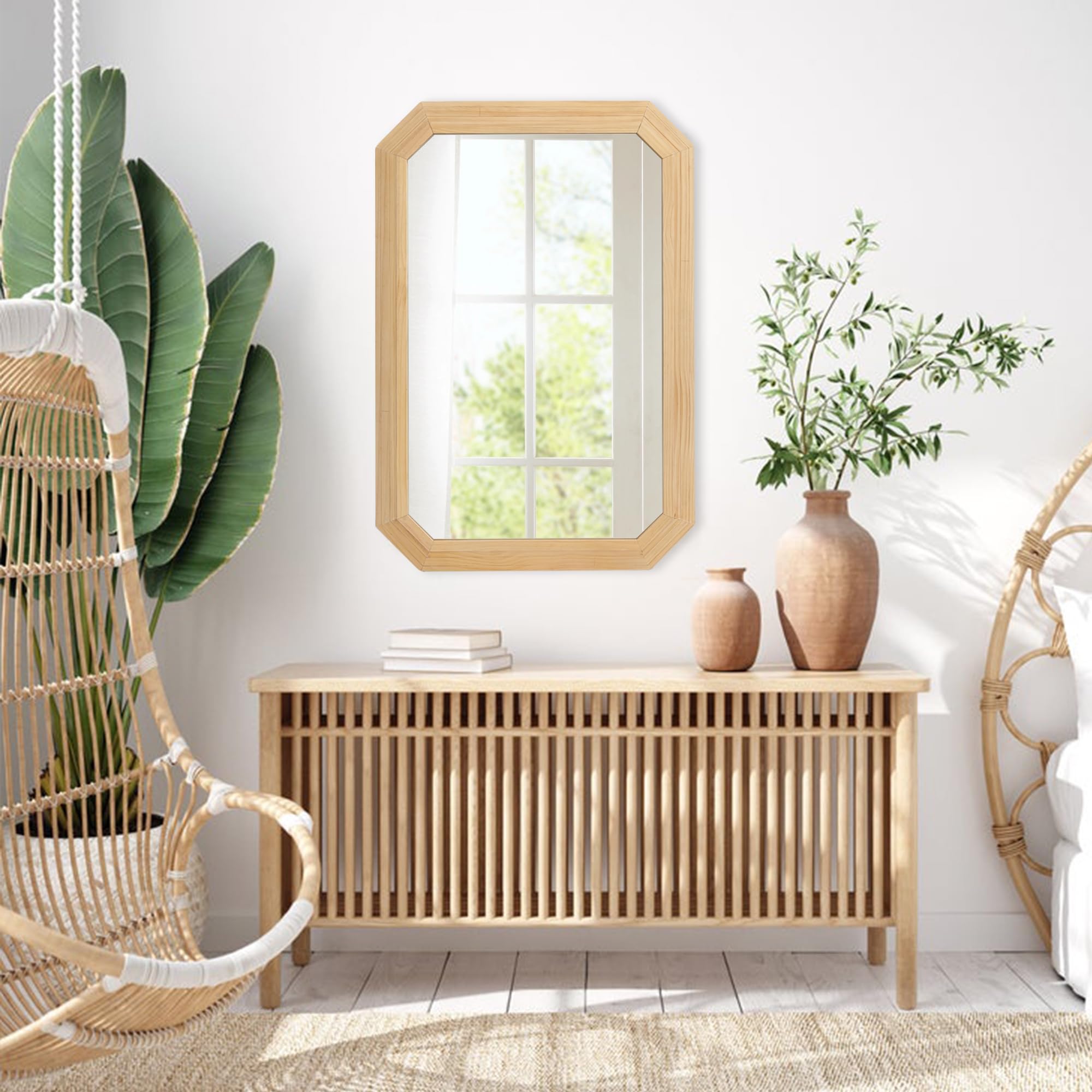 Glitzhome ファームハウス 壁掛けミラー 八角形の木製フレーム 素朴なヴィンテージ装飾 玄関 寝室 リビングルーム バスルーム ドレッサー用 八角形ミラーの通販