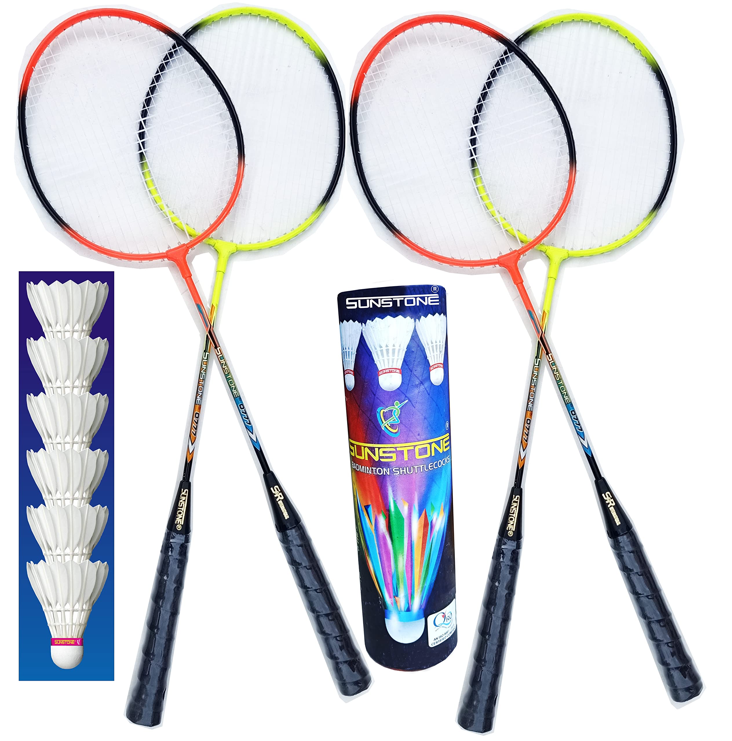 SUNSTONE Steel Badminton Rackets 4 Piece Multi Colour With 6 Feather Shuttle Cocks-image-48