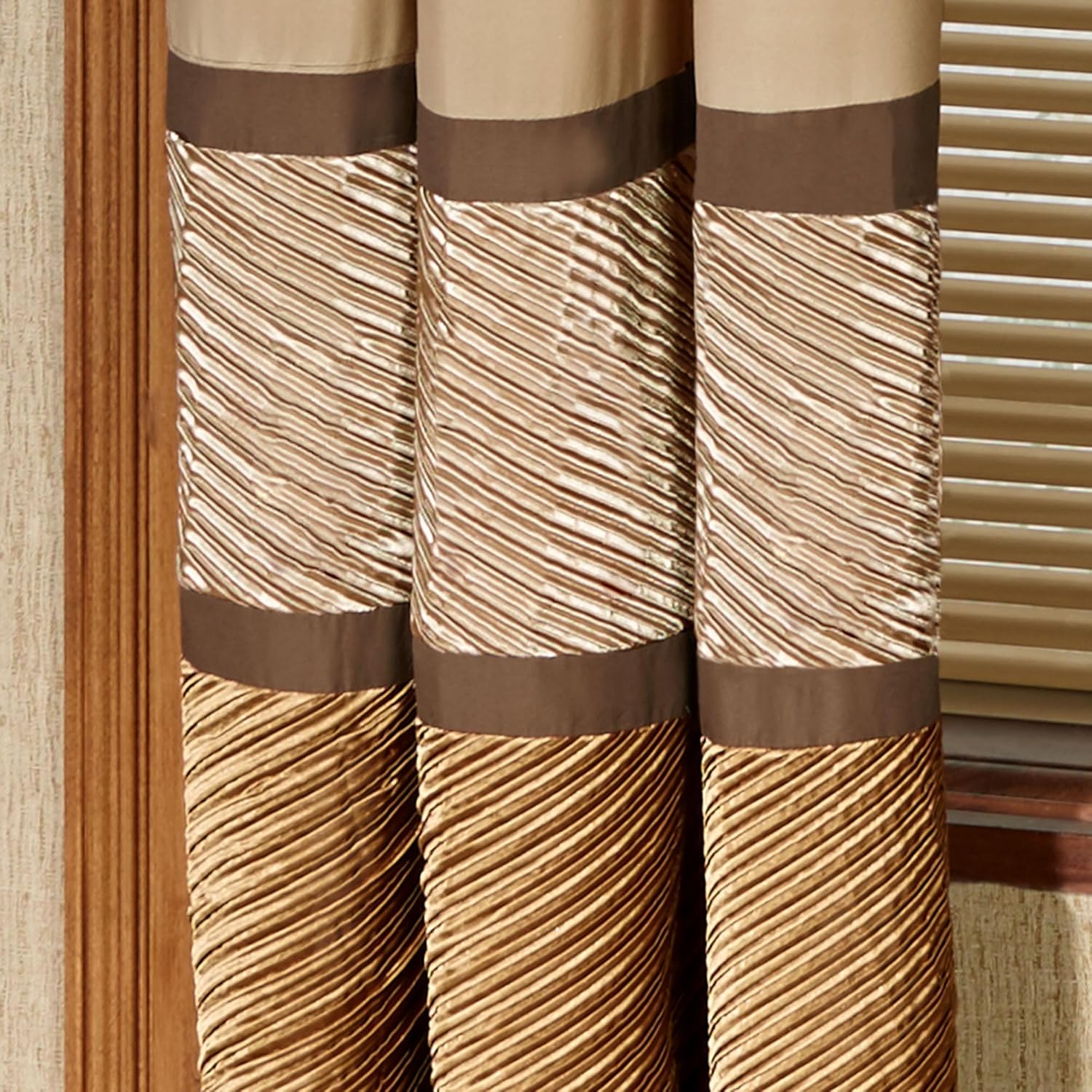 Delta Contemporary Luxury Washable Window Treatment | Sophisticated | Bronze, Champagne Gold, Golden Bronze | Pleated | Silky Polyester Satin | 4 Piece Set: Cornice Valance Set and 84L Curtain Pair
