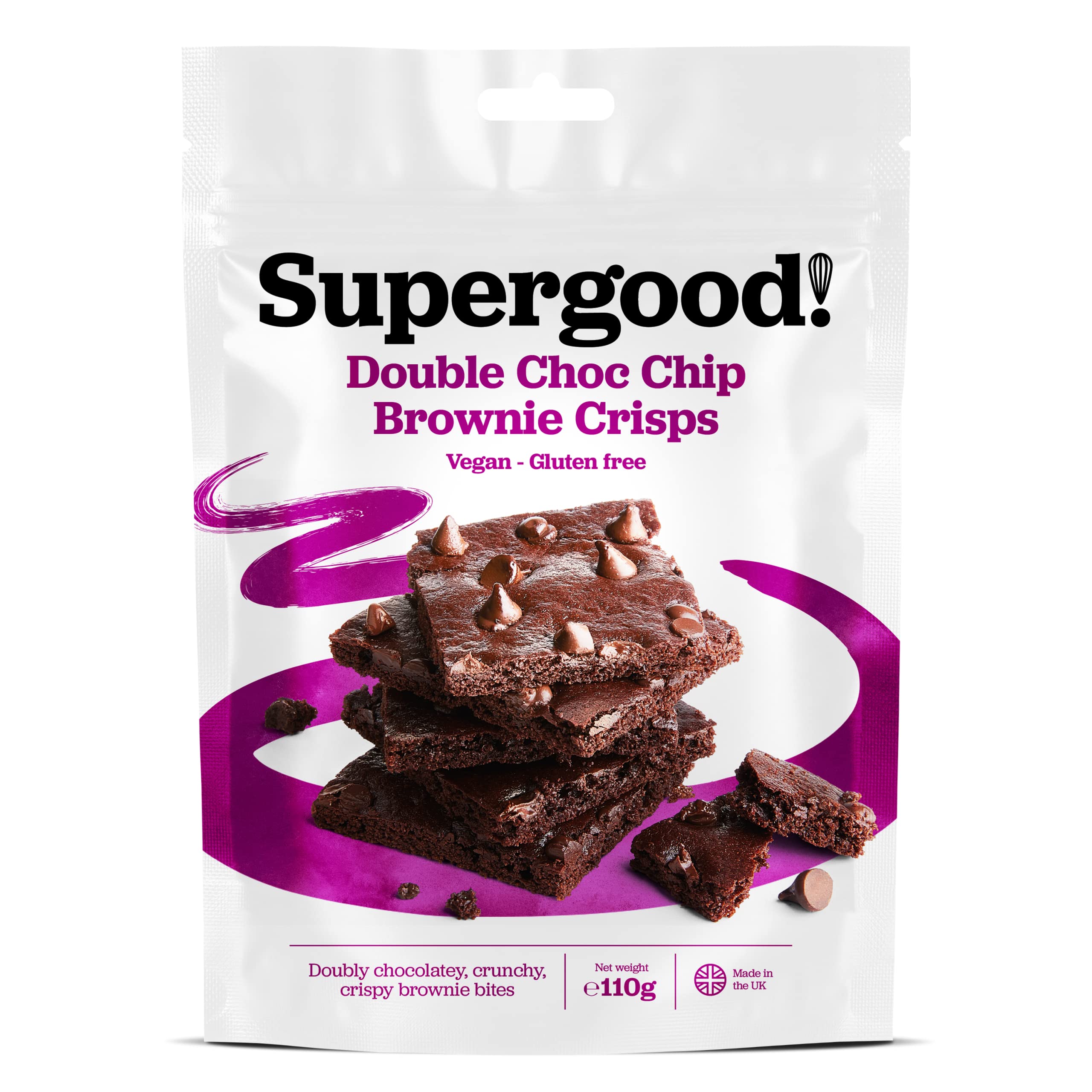 SUPERGOOD BAKERY Gluten Free Vegan Chocolate Brownie Crisps, Double Choc Chip (1 x 110g), Vegan Gluten Free Brownie, Dairy Free Chocolate Wafers, Healthy Snacks Vegan Brownies, Superfood Bakery