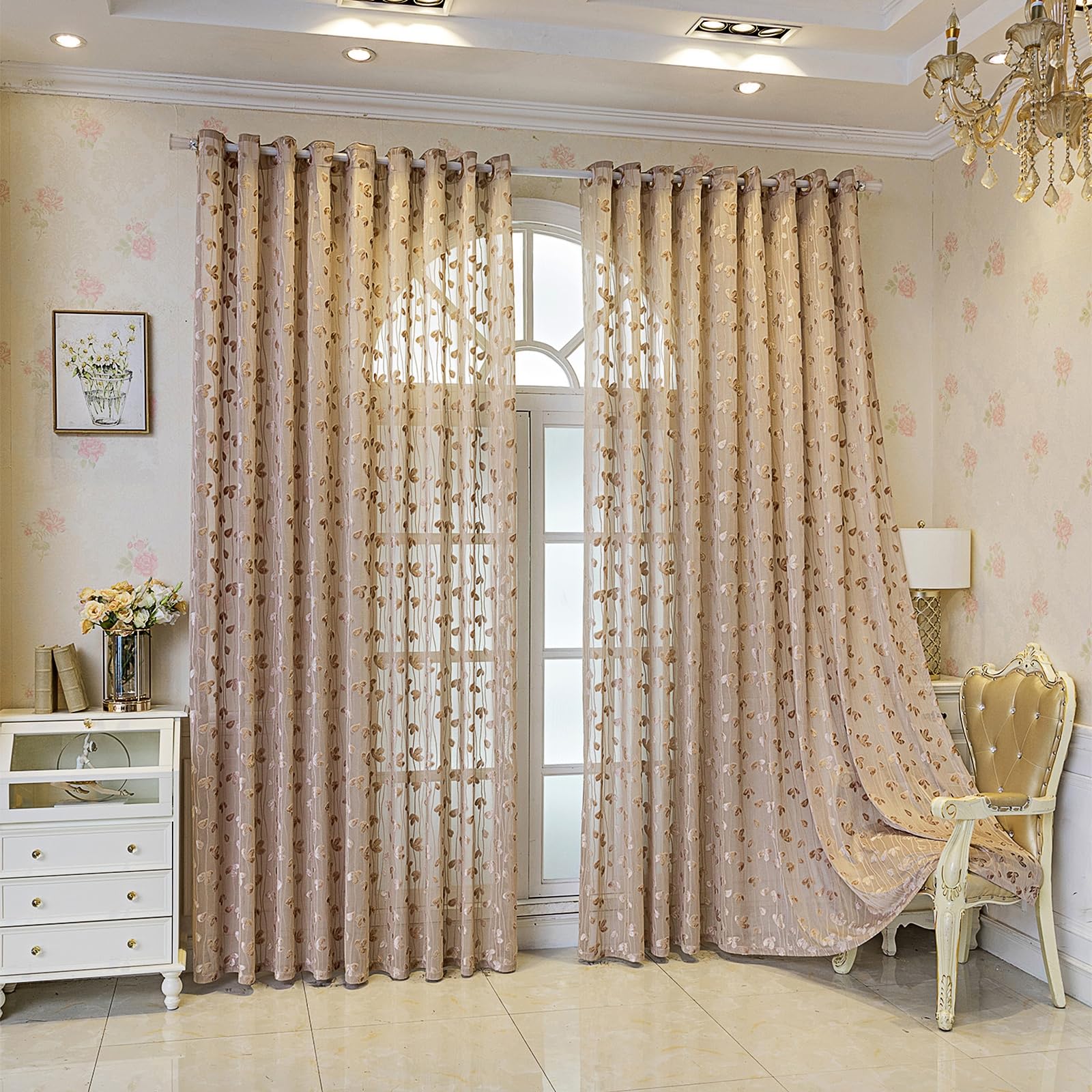 Rideau Voilage Moderne en Coton, Dentelle Jacquard Épuré | Lot de 2 Panneaux | Voilage Léger Transparent pour Salon, Chambre, Cuisine | Style Américain Chic,Marron,140x260cm/55x102in