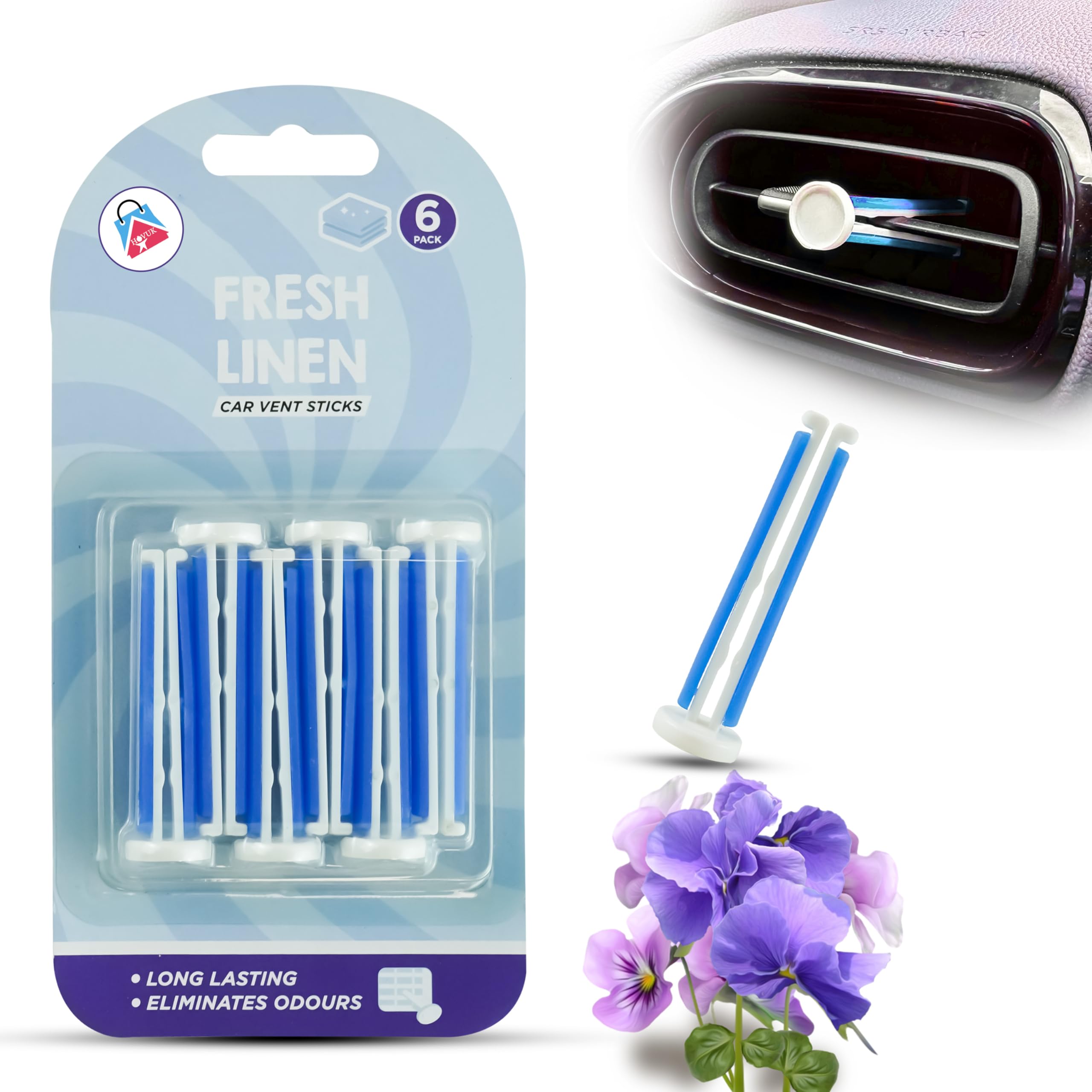 6Pk Car Vent Sticks, Instant Freshness, Odour Remover, Vent Clip Freshener, Fresh Linen Car Air Fresheners, Attaches to Vehicle Air Vents