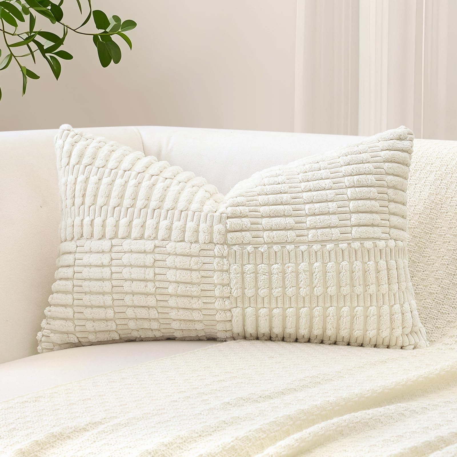 Sungeek Set of 1 Decorative Cushion Cover 30 x 50cm Soft Corduroy Striped Cross Patchwork Textured Pillow Case Boho Farmhouse Lumbar Throw Pillow Cover for Sofa Bed Patio 12x20 Inch, Cream White — image 1