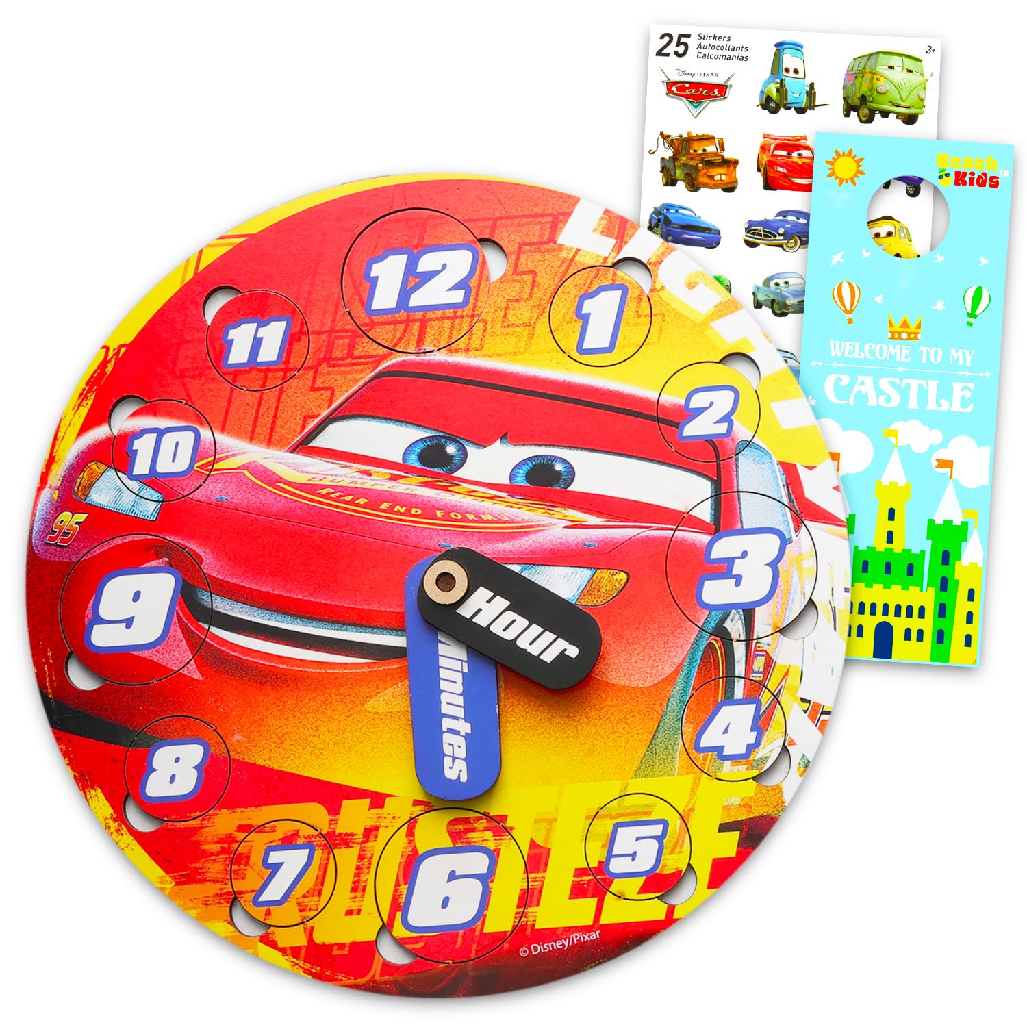 Disney Cars Clock Puzzle Sorting Game for Toddlers, Kids - Learning Toy Bundle with Lightning McQueen Wooden Clock, Stickers, More | Disney Cars Time Telling Teaching Wood Toys