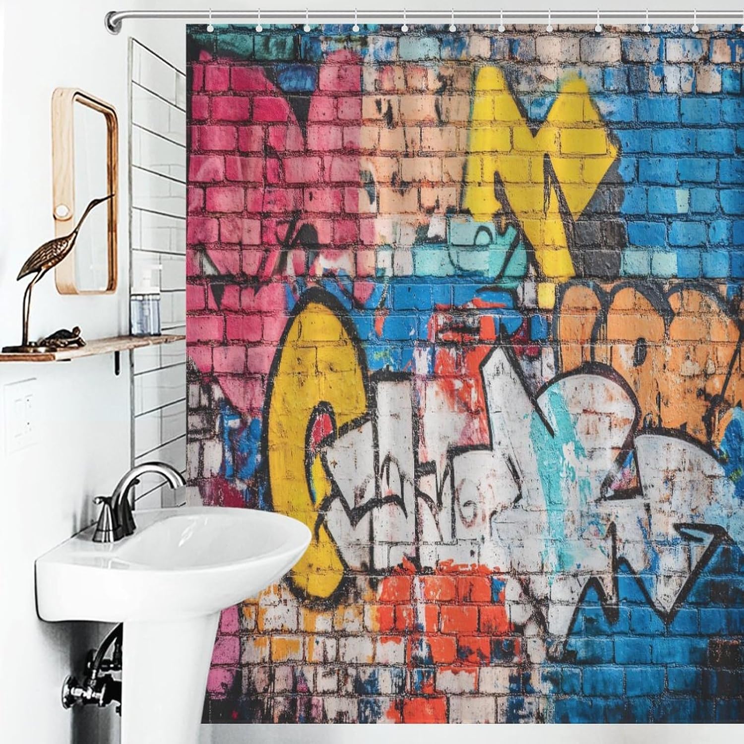 Graffiti Shower Curtain Set, Hip-Hop Street Culture Colorful Abstract Wall Graffiti Home Bathroom Curtain Decor Fabric Waterproof Polyester with 12 Hooks 60x72Inch（152x183cm）
