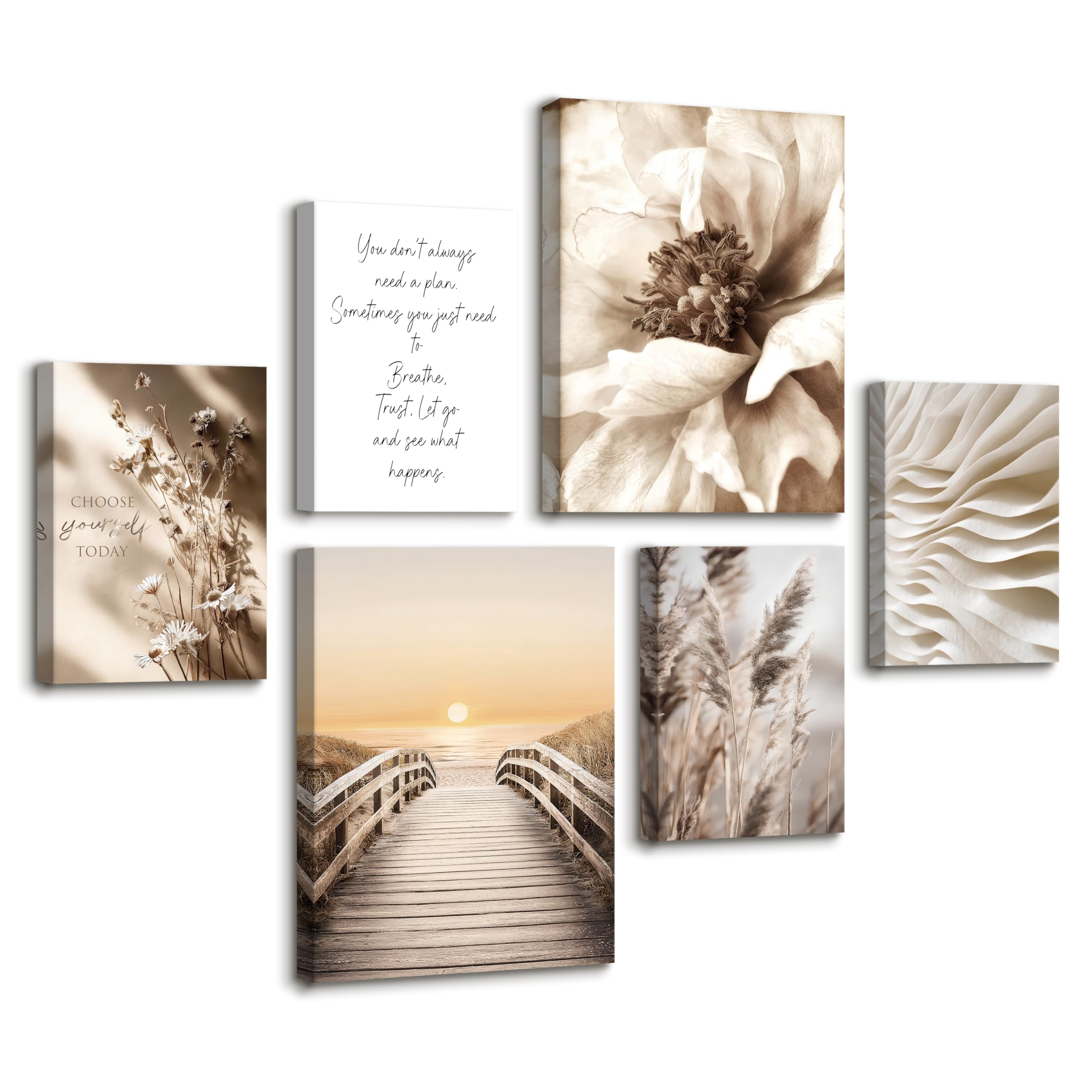6 Pcs Wooden Framed Canvas Wall Art Set White Peony Wildflowers Canvas Prints Boho Pampas Grass Pictures Plank Walkway Beach Sea Painting for Living Room Bedroom Wall Decor 30x40 cm x2+20x30 cm x4 — image 1