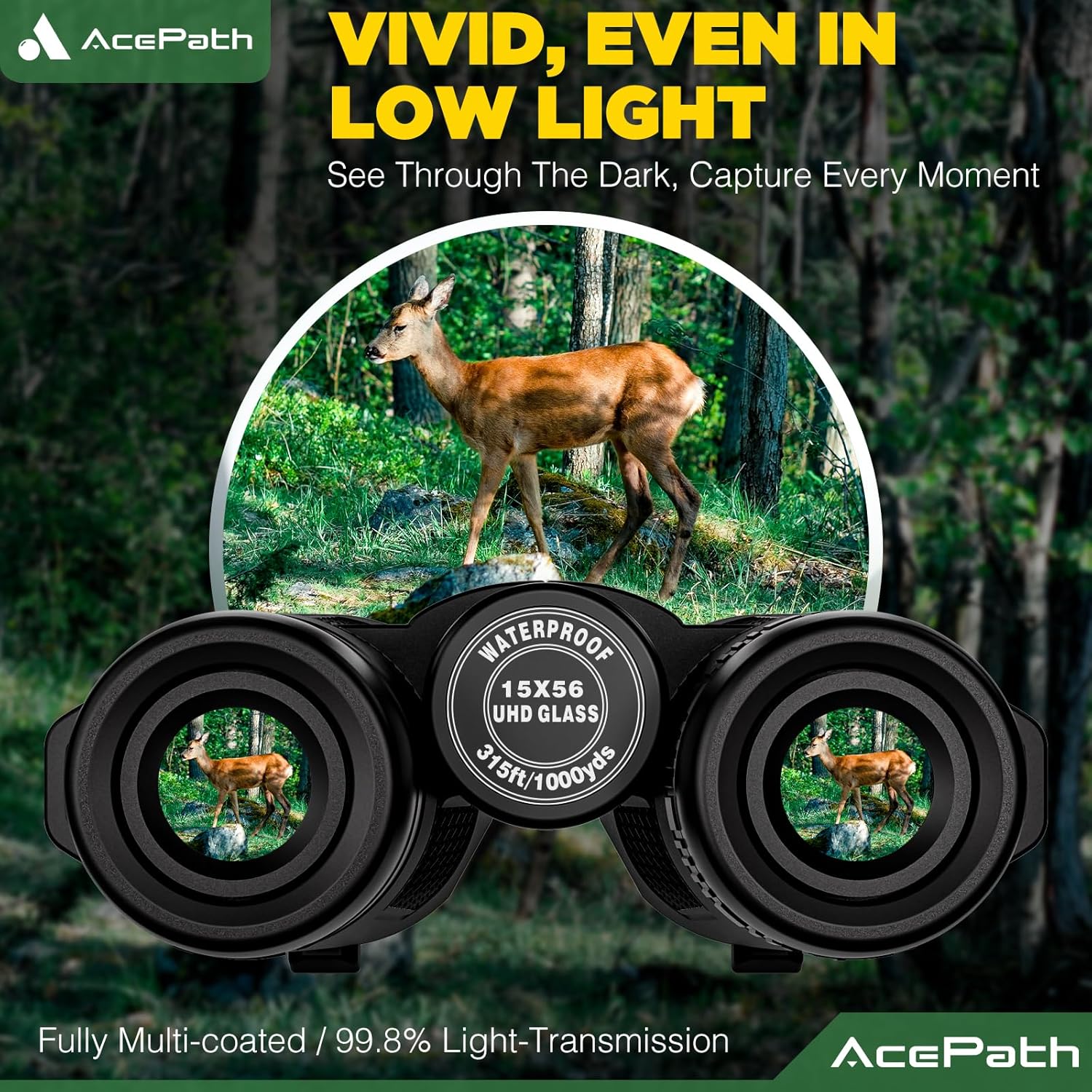 AcePath 15x56 Binoculars for Adults High Powered - Large View Waterproof Binoculars with Clear Low Light Vision - Compact Binocular Essentials for Hunting Camping Cruise Travel Bird Watching Sports