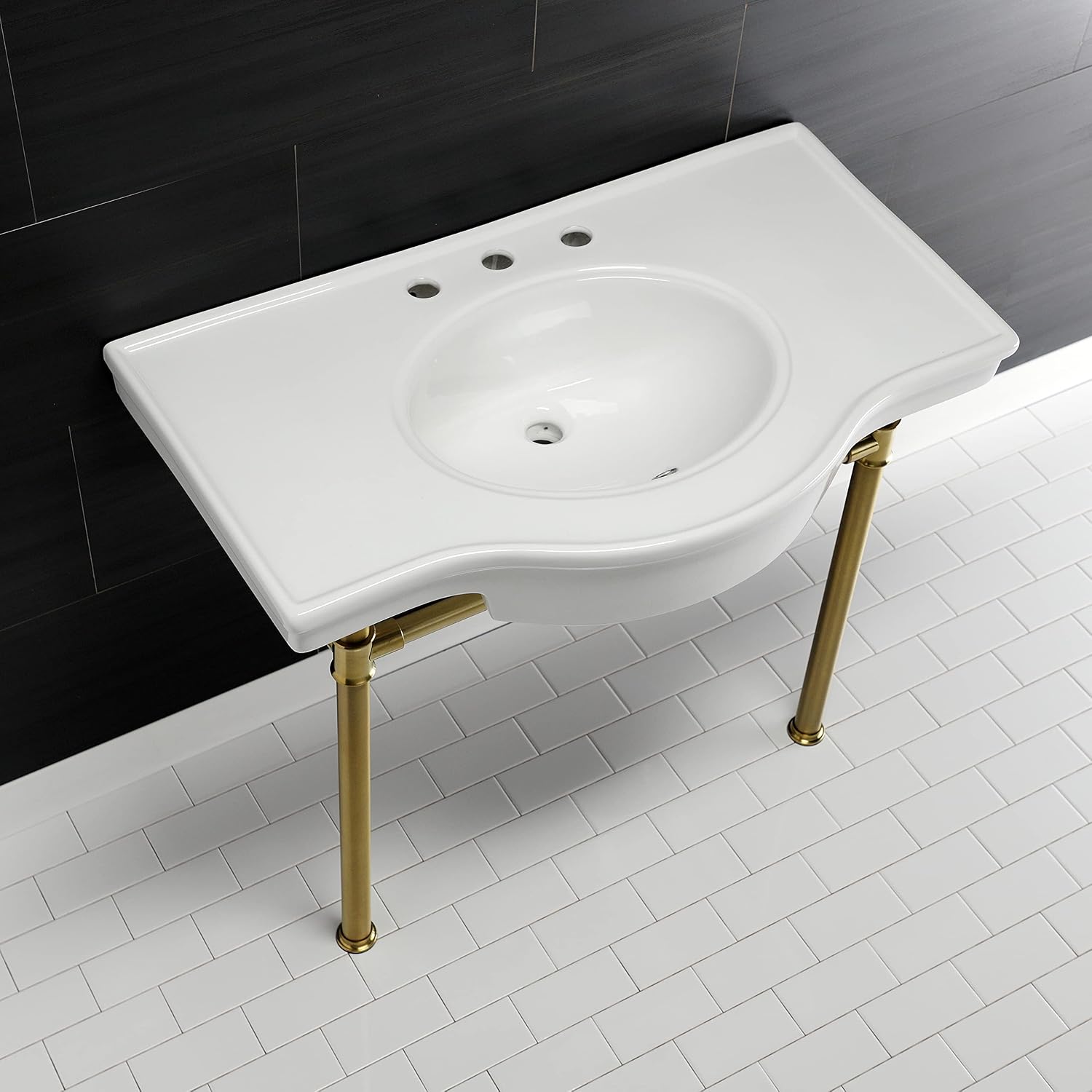 Kingston Brass VPB1377ST Templeton 37" Ceramic Console Sink with Stainless Steel Legs, White/Brushed Brass