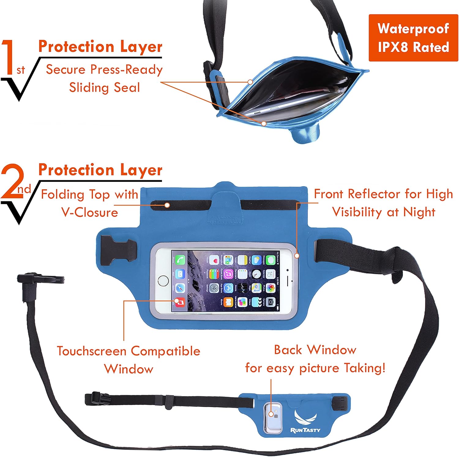 Blue Waterproof Running Swimming Belt Fanny Pack - fits iPhone 7 8 X 11 12 13 Plus & Android Samsung - W/Touchscreen Cover - IPX8 Rated Dry Waist Bag Pouch for OCR, Beach, Pool, Kayaking, Rafting, etc! : Sports & Outdoors