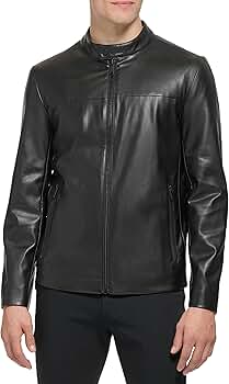 DKNY Men's Faux Laether Modern Racer Jacket, Black Smooth