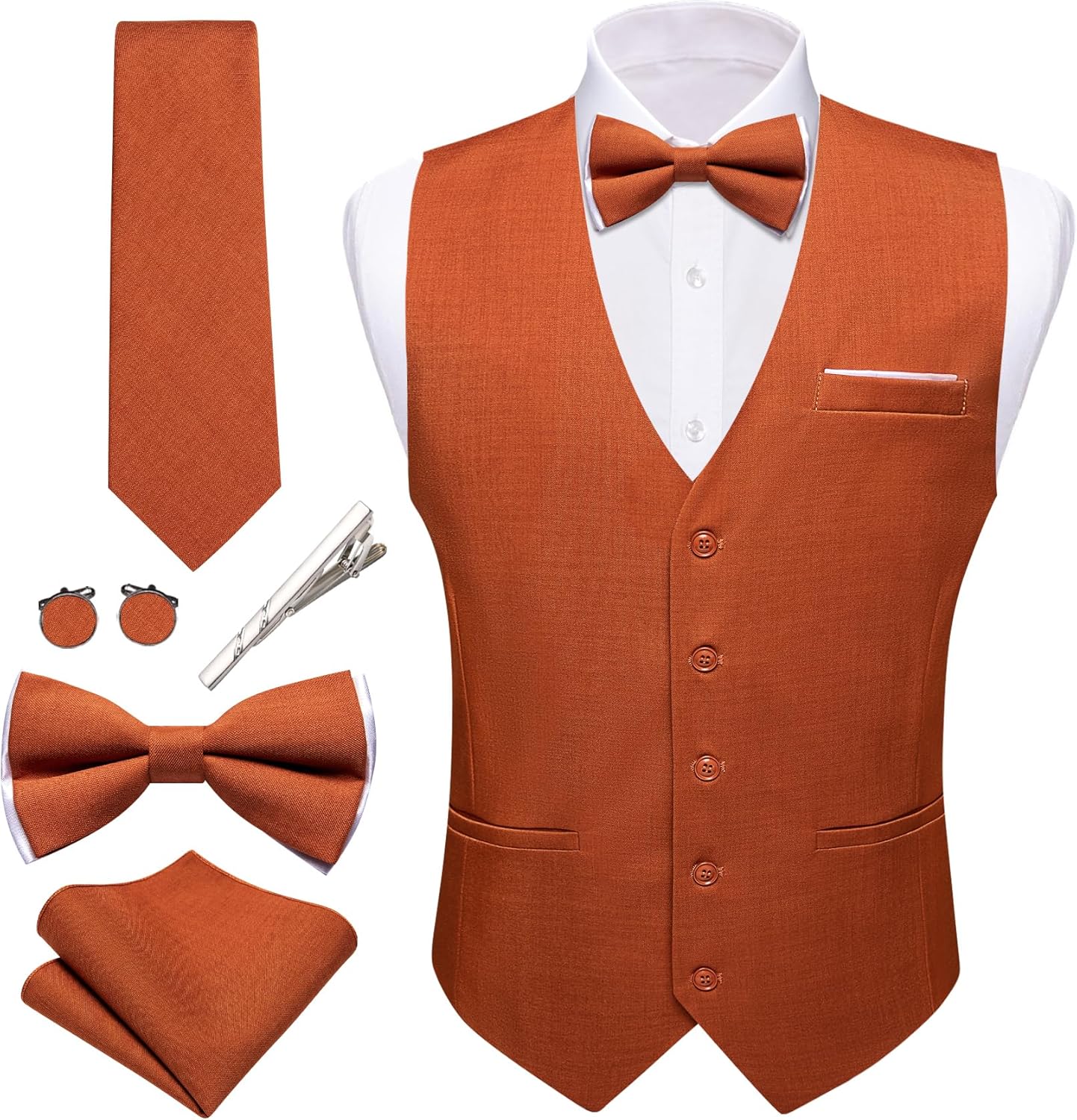Barry.Wang Mens Suit Vest Linen Formal/Casual V-neck Waistcoat Tie Bow Tie Set Solid Color 6PC Wedding Party Tuxedo