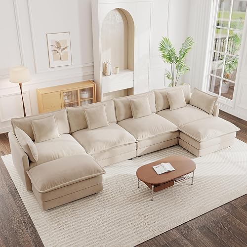 Miniatura 26 de Mikibama - Juego de sofá modular en forma de U, de 111.5 pulgadas para sala de estar, de 3 plazas, cómodo, con otomana movible, combinación de Beige