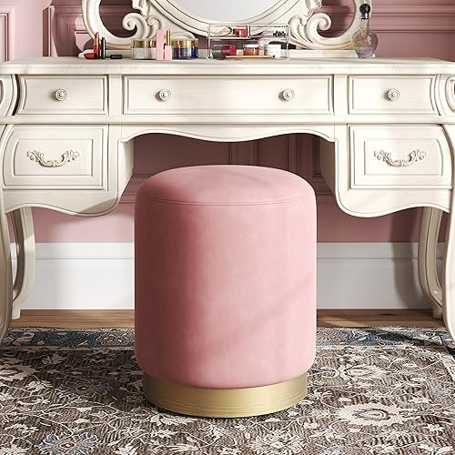Miniatura 4 de DAGONHIL Moderno otomano redondo de terciopelo rosa, taburetes tapizados con base chapada en oro, taburete de maquillaje para sala de estar,