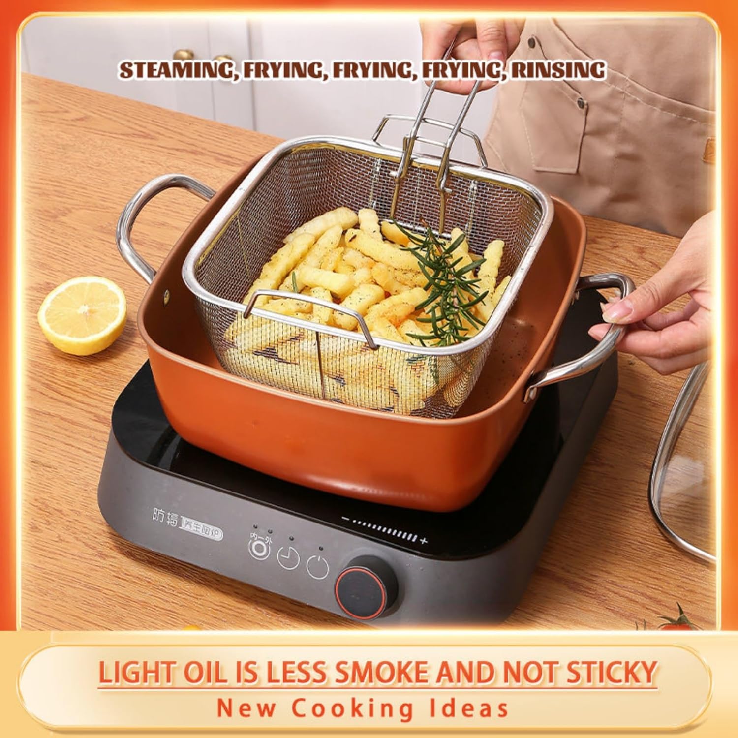 9.5” Non Stick Deep Frying Pan with Fry Basket Steamer Rack and Glass Lid Multi-Large Cooking Pan Stove Suitable Dishwasher Safe
