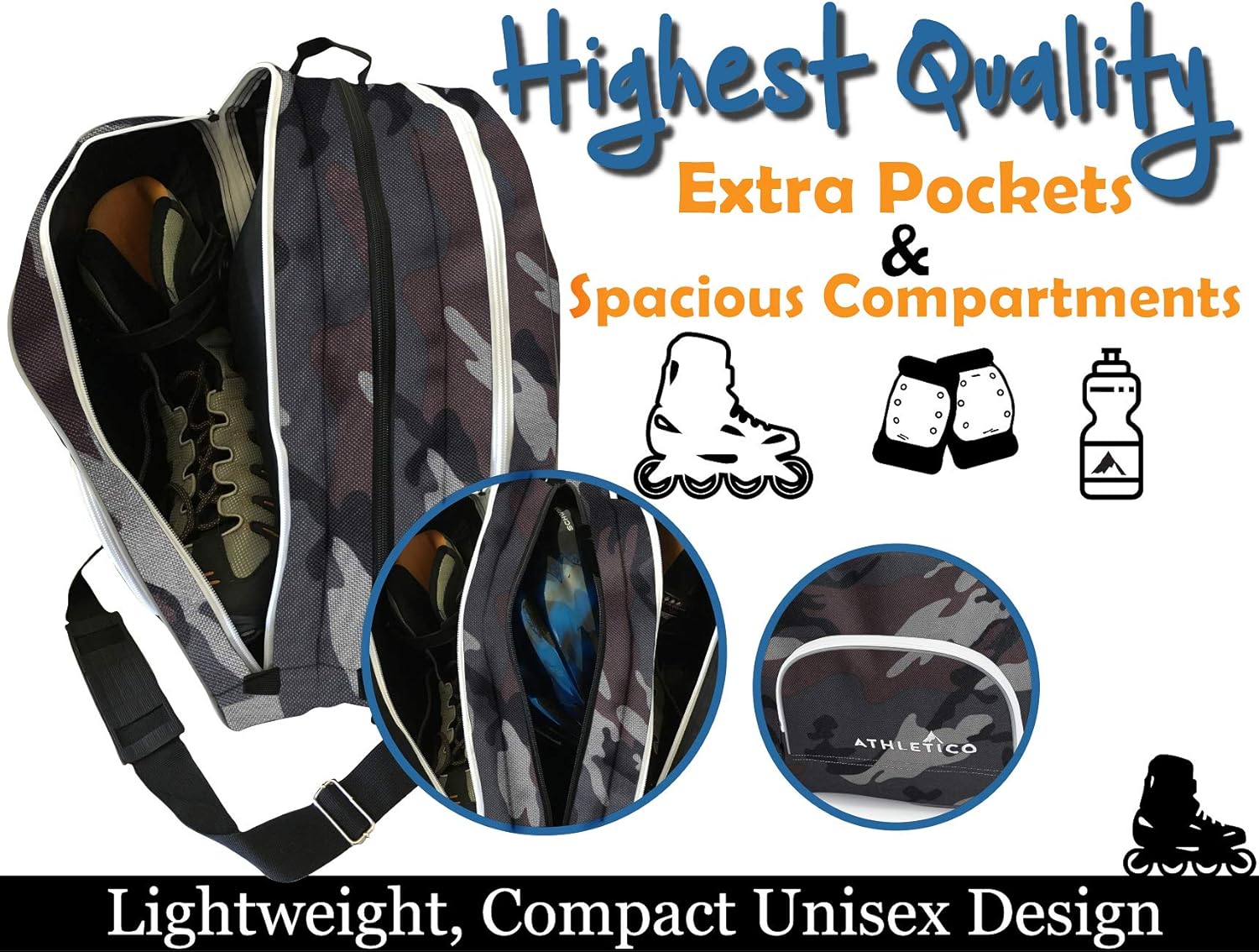 Athletico Ice & Inline Skate Bag - Premium Bag to Carry Ice Skates, Roller Skates, Inline Skates for Both Kids and Adults (Gray Camo) : Sports & Outdoors
